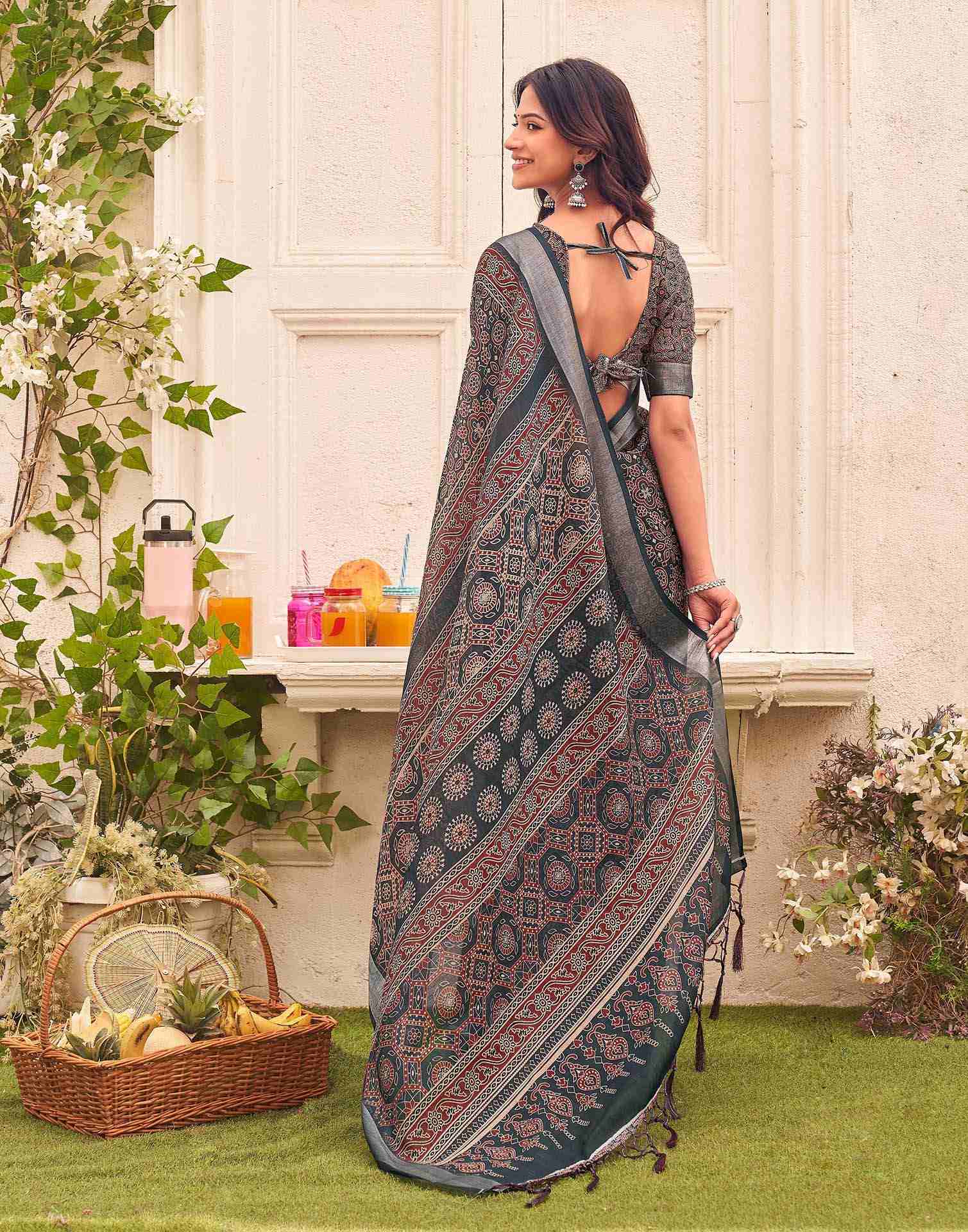 Dark Grey Linen Printed Saree