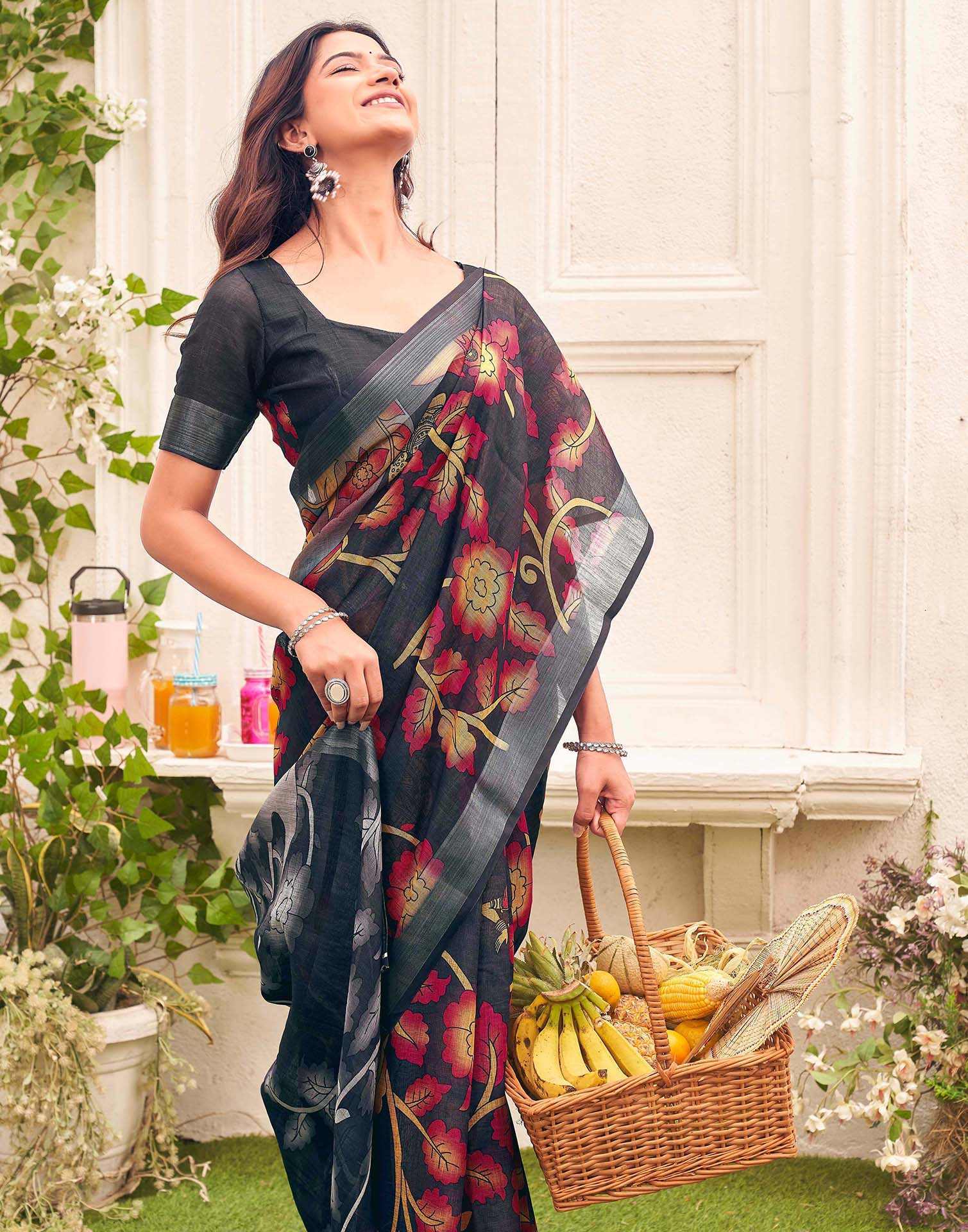 Dark Grey Linen Floral Printed Saree