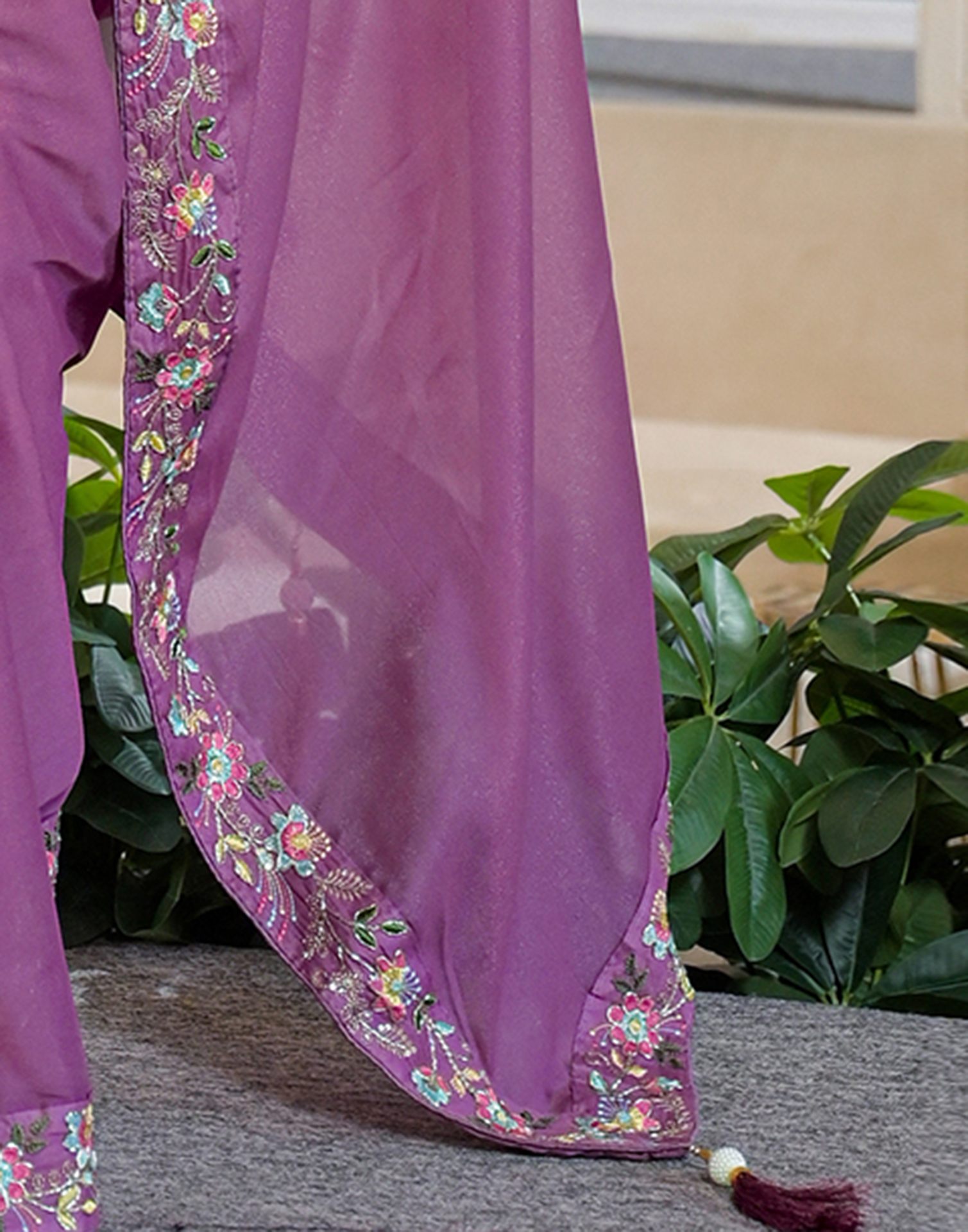 Dark Mauve Shimmer Georgette Embroidery Lace Saree