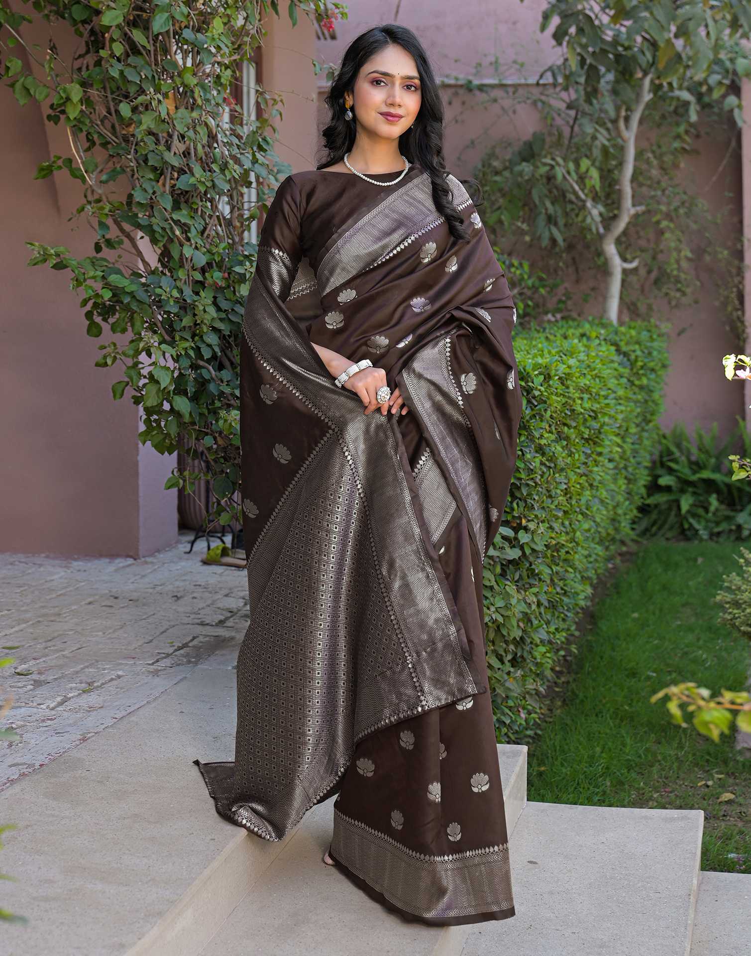 Brown Silk Woven Banarasi Saree