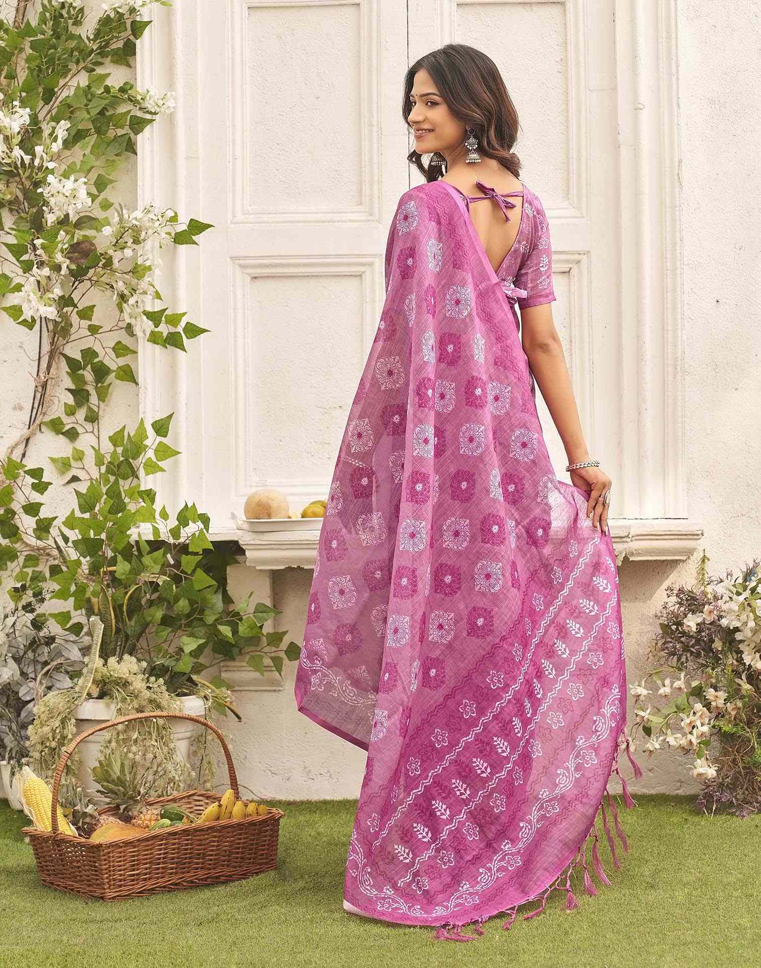 Dusty Mauve Linen Printed Saree