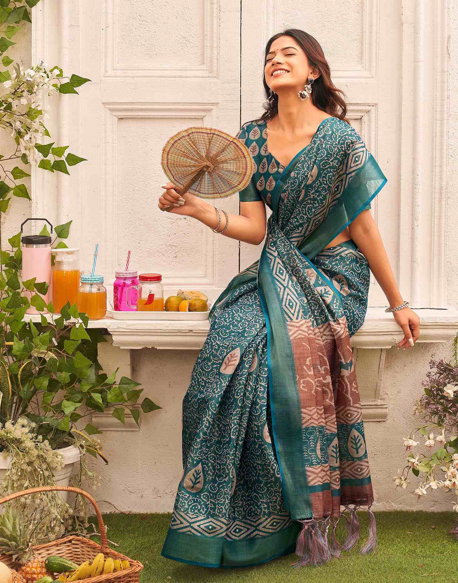 Dusty Rama Blue Shimmer Silk Printed Saree