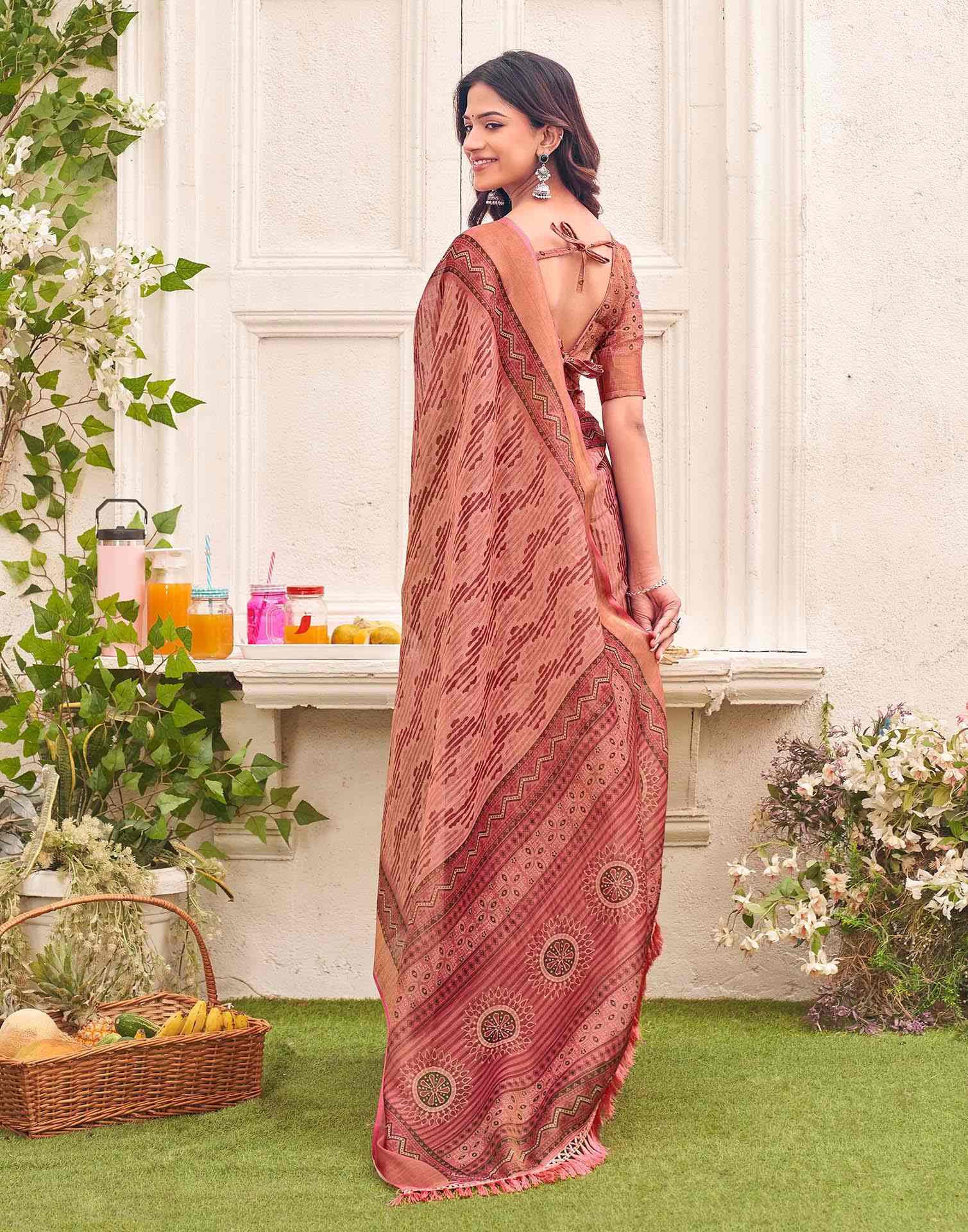 Dusty Rose Pink Shimmer Silk Printed Saree