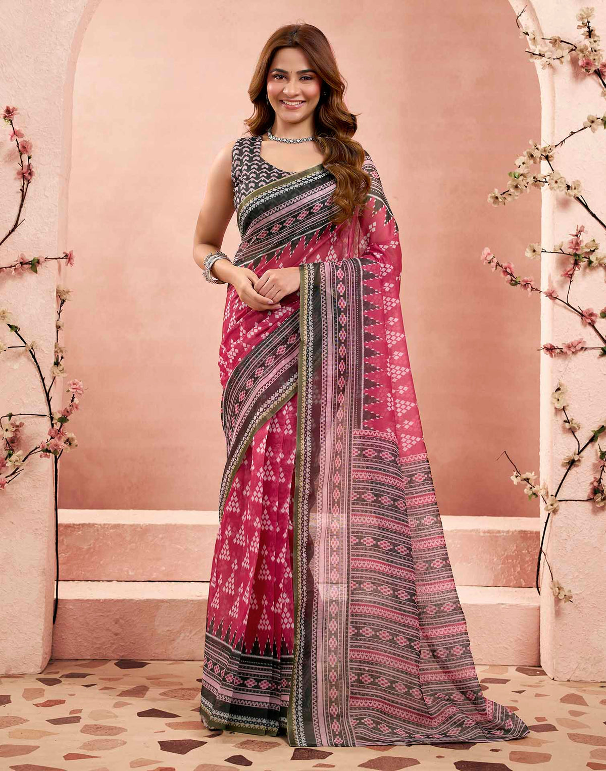 Ready To Wear Rani Pink Linen Sambalpuri Printed Saree