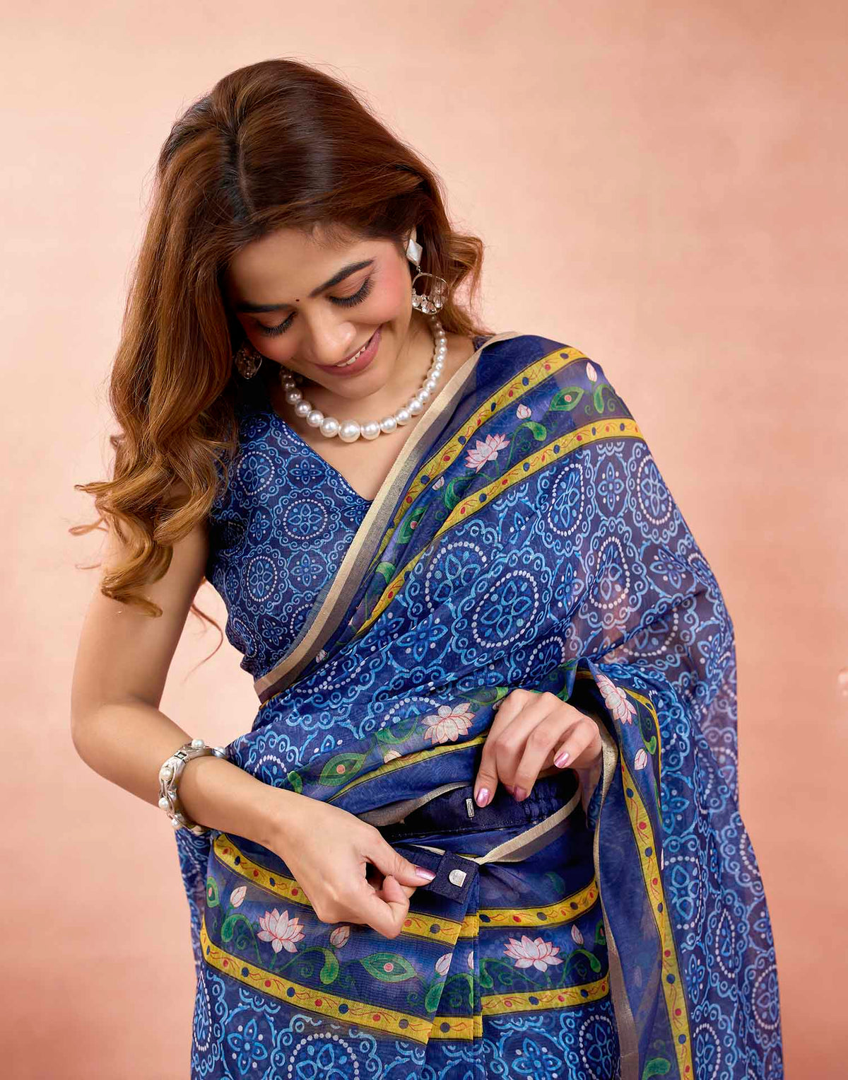 Ready To Wear Blue Linen Kalamkari Printed Saree