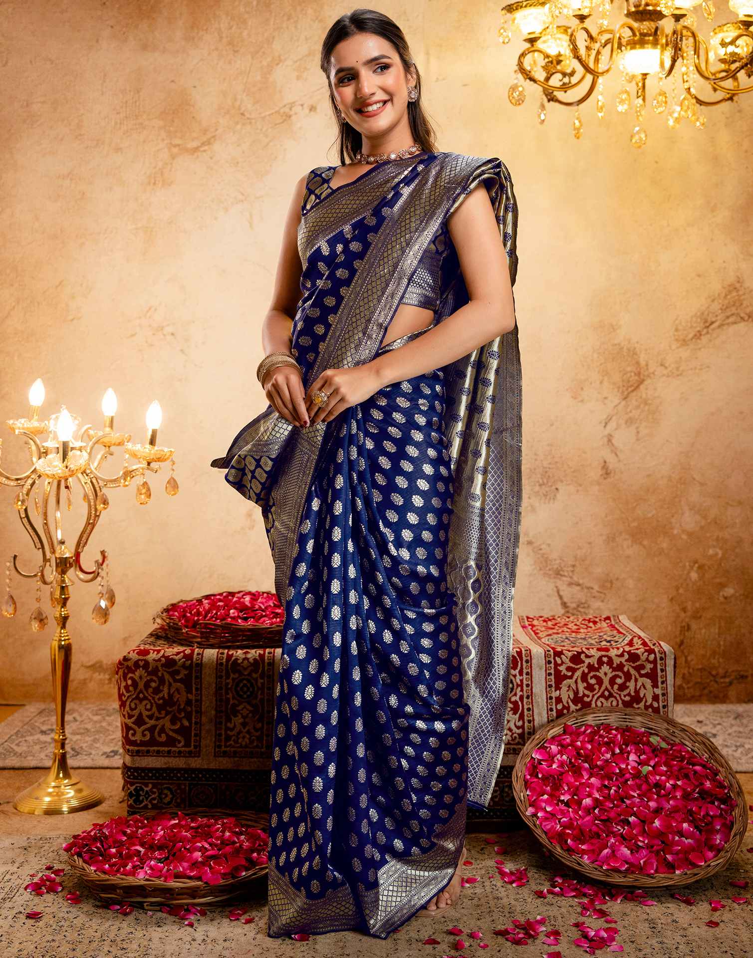 Navy Blue Silk Woven Banarasi Saree