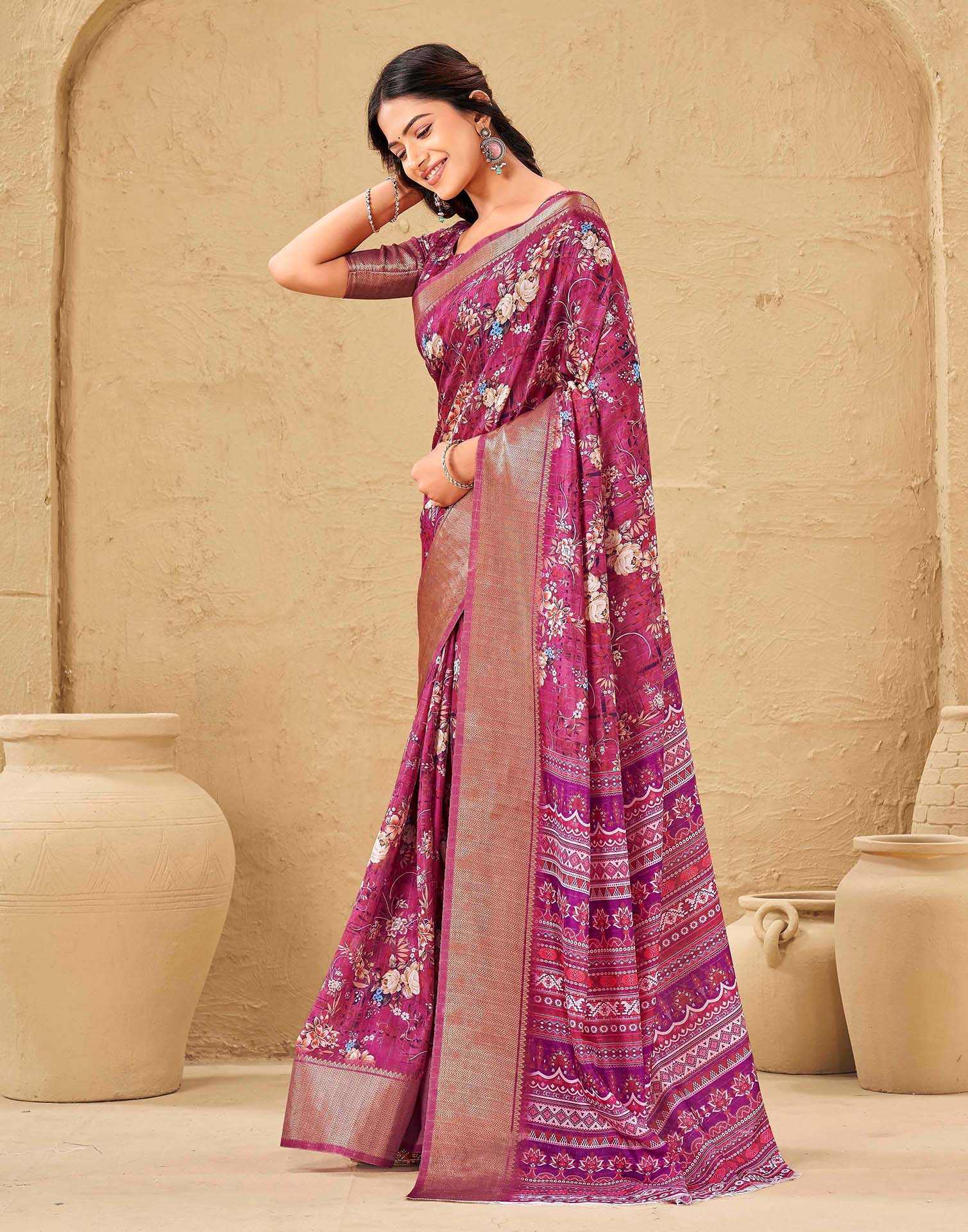 Magenta Silk Floral Printed Woven Border Saree