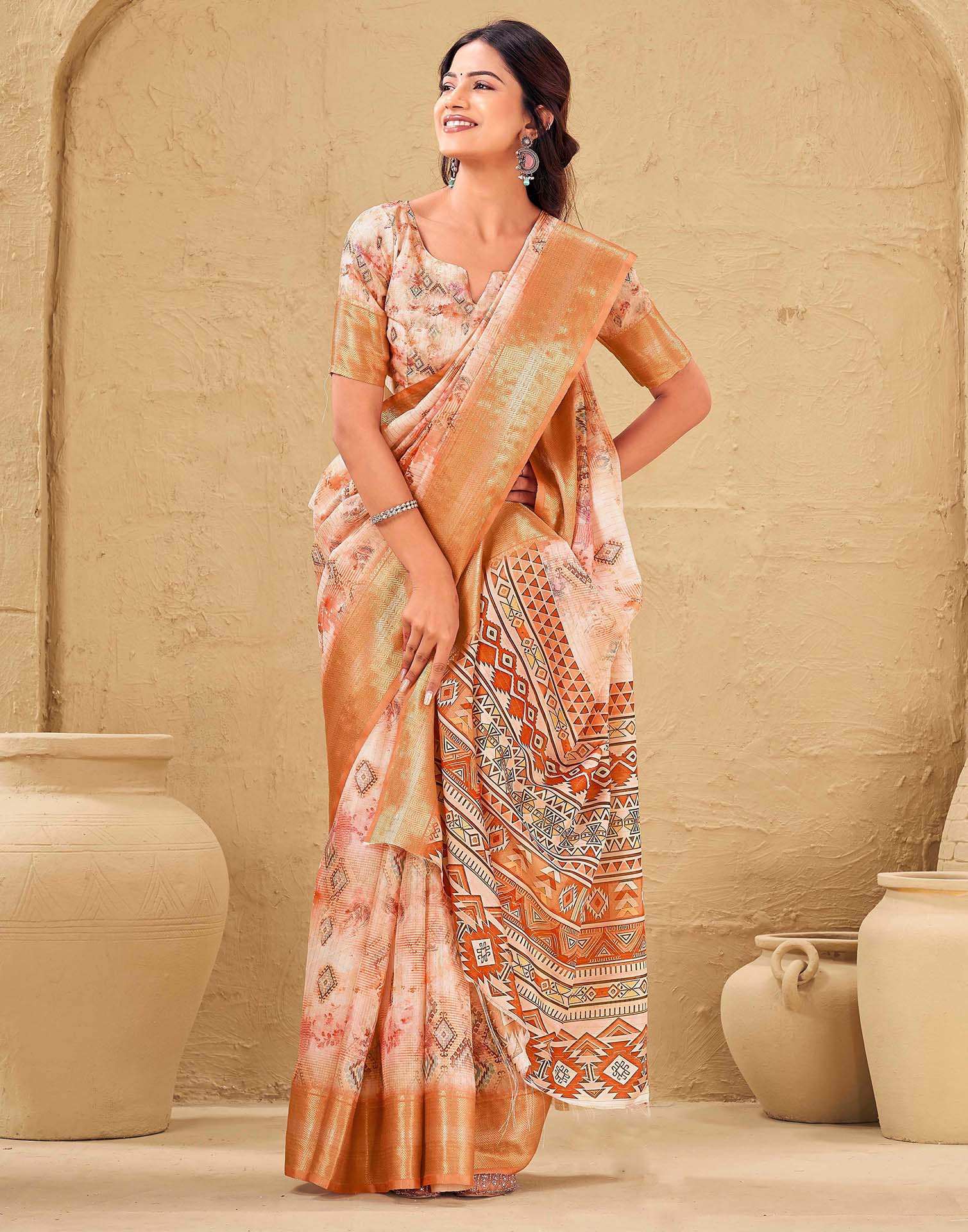 Peach Silk Printed Woven Border Saree