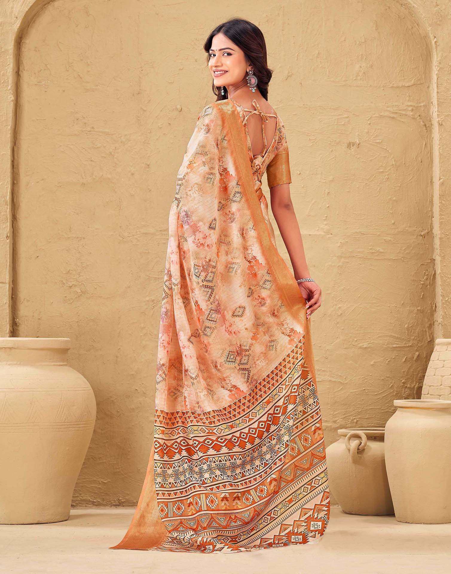 Peach Silk Printed Woven Border Saree