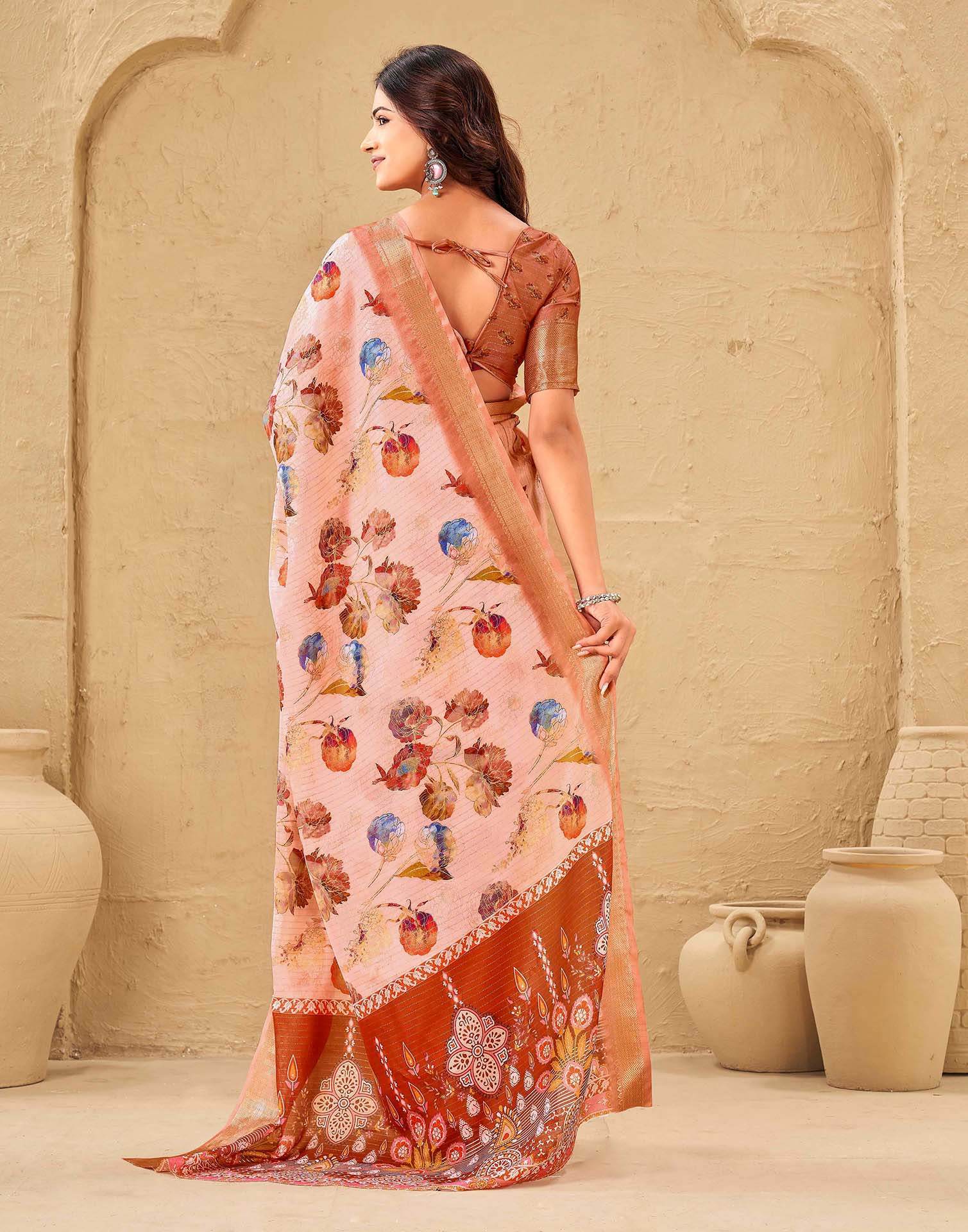 Light Pink Silk Floral Printed Woven Border Saree