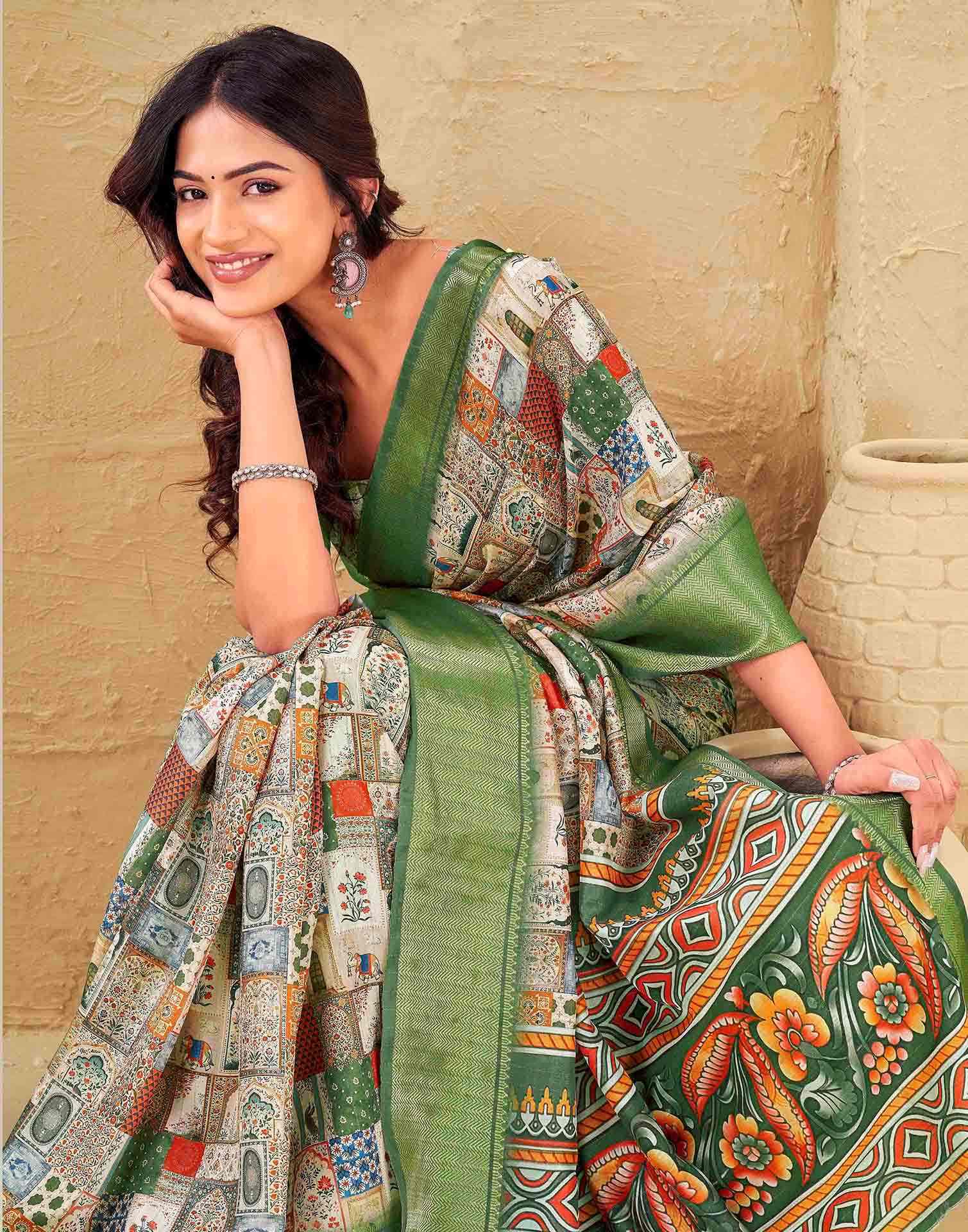 Multicoloured Silk Printed Woven Border Saree