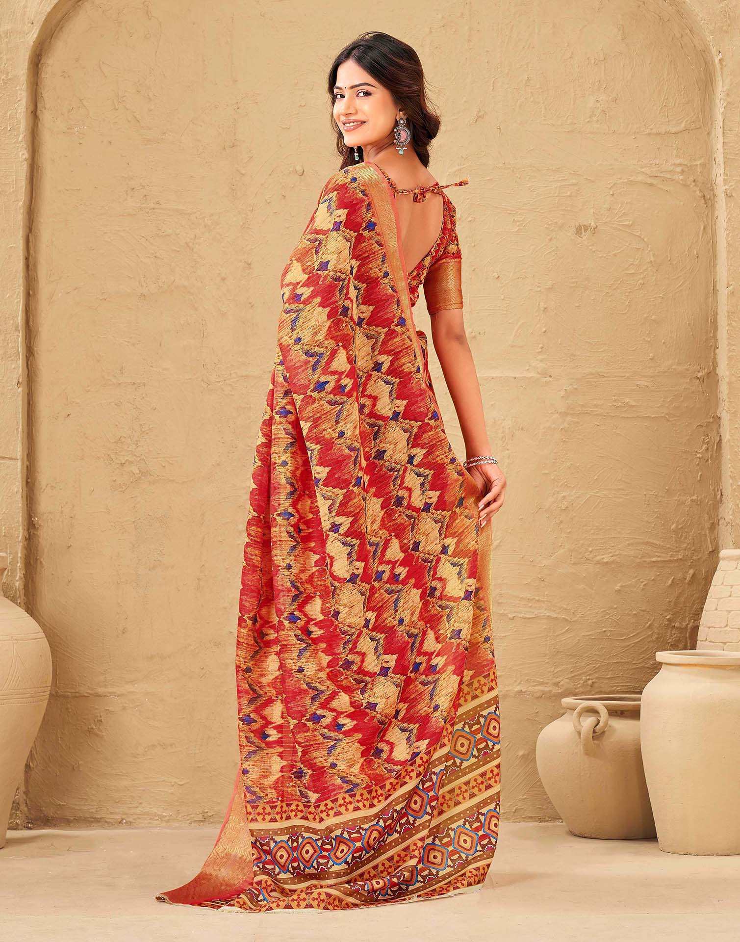 Coral Red Silk Printed Woven Border Saree