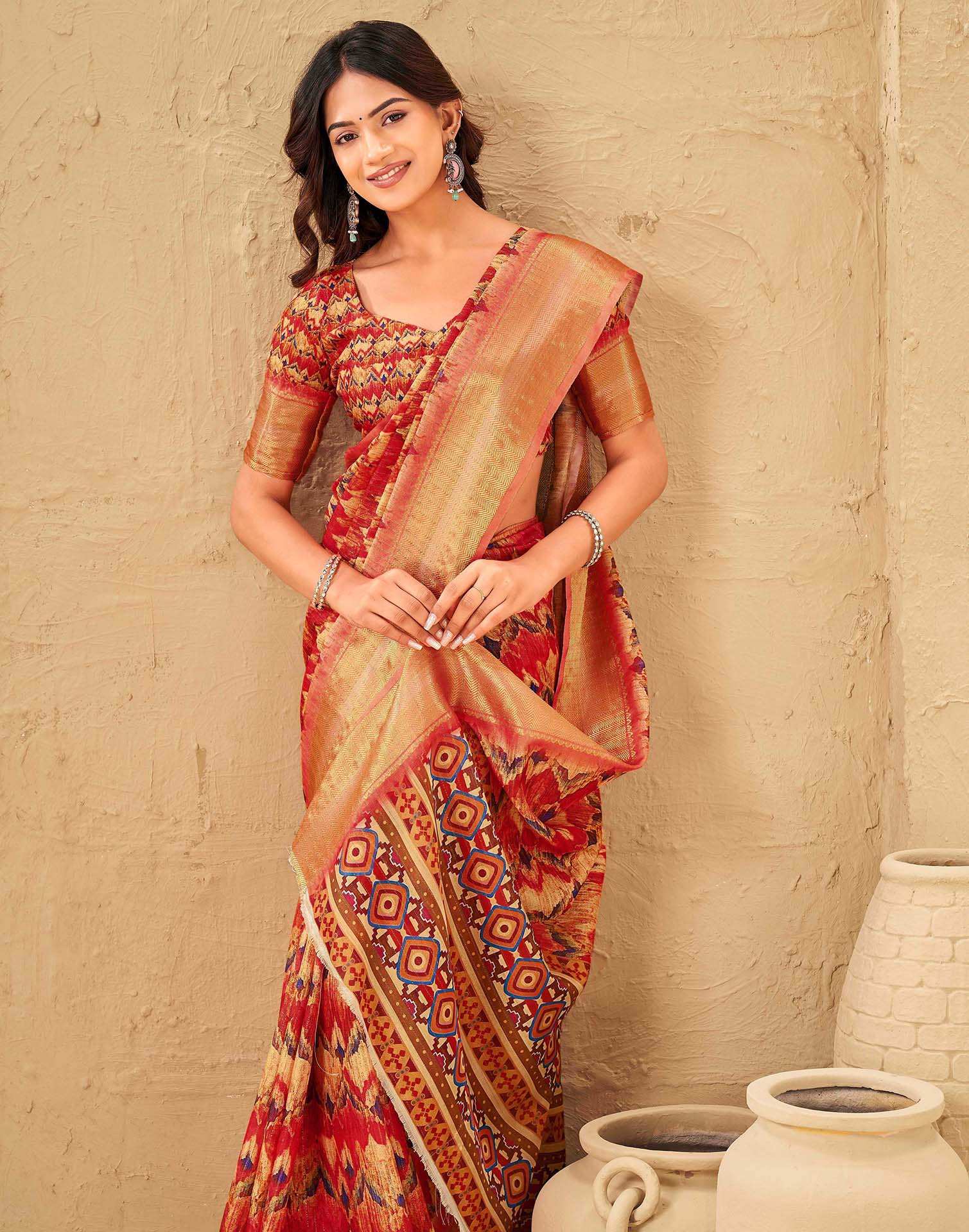 Coral Red Silk Printed Woven Border Saree