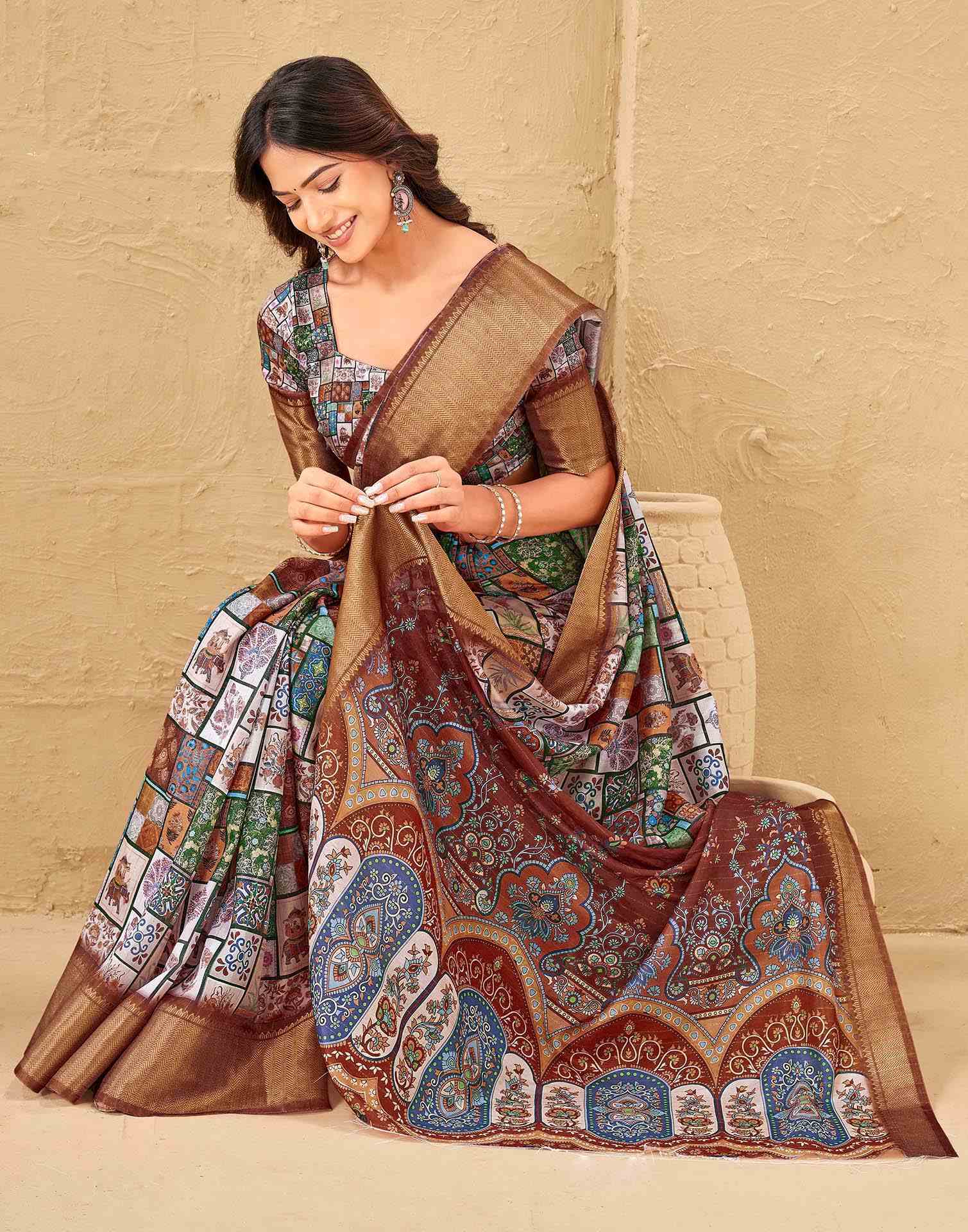 Multicoloured Silk Printed Woven Border Saree