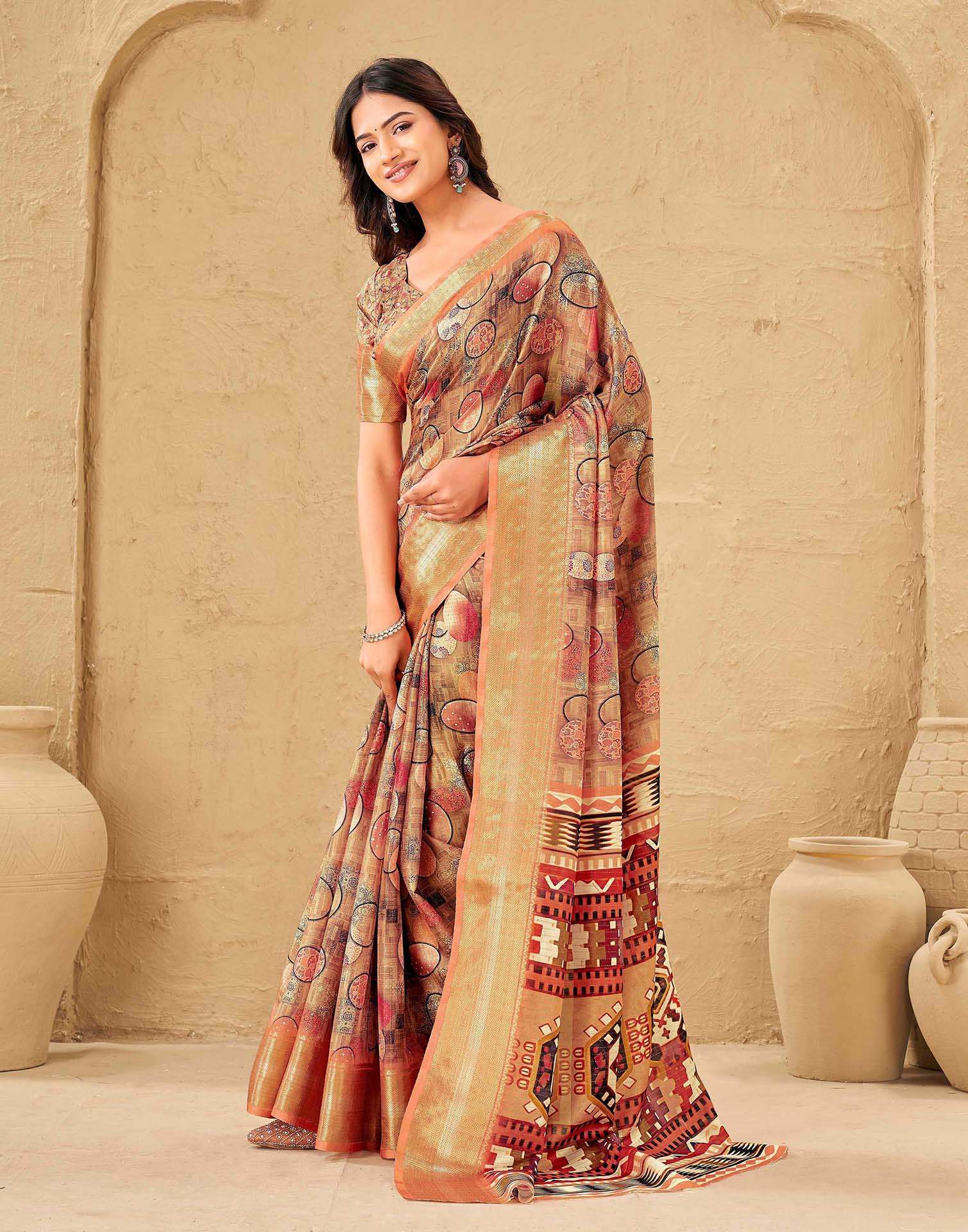 Brown Silk Printed Woven Border Saree