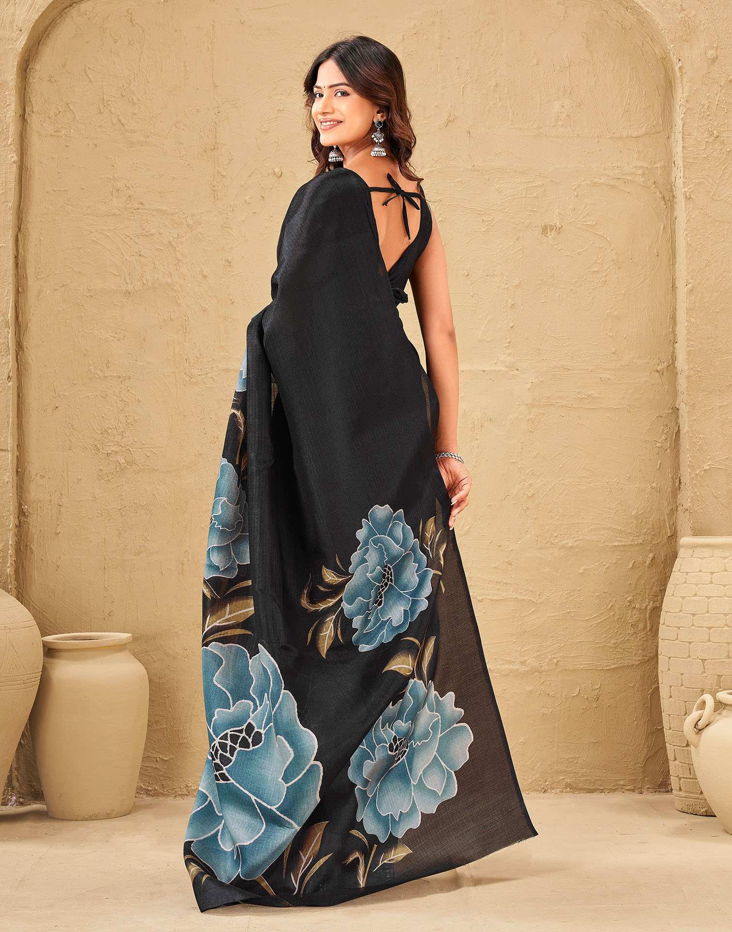 Black Khadi Floral Printed Saree