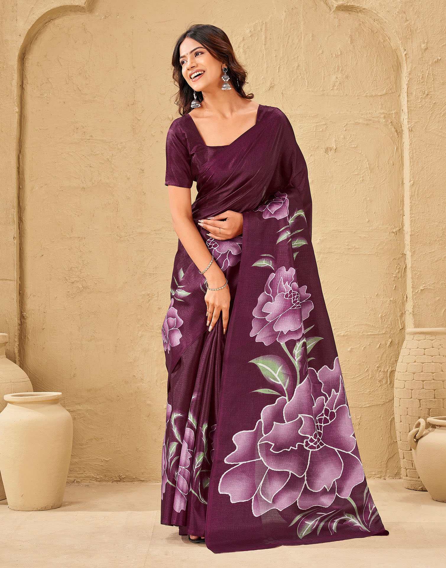 Dark Magenta Khadi Floral Printed Saree