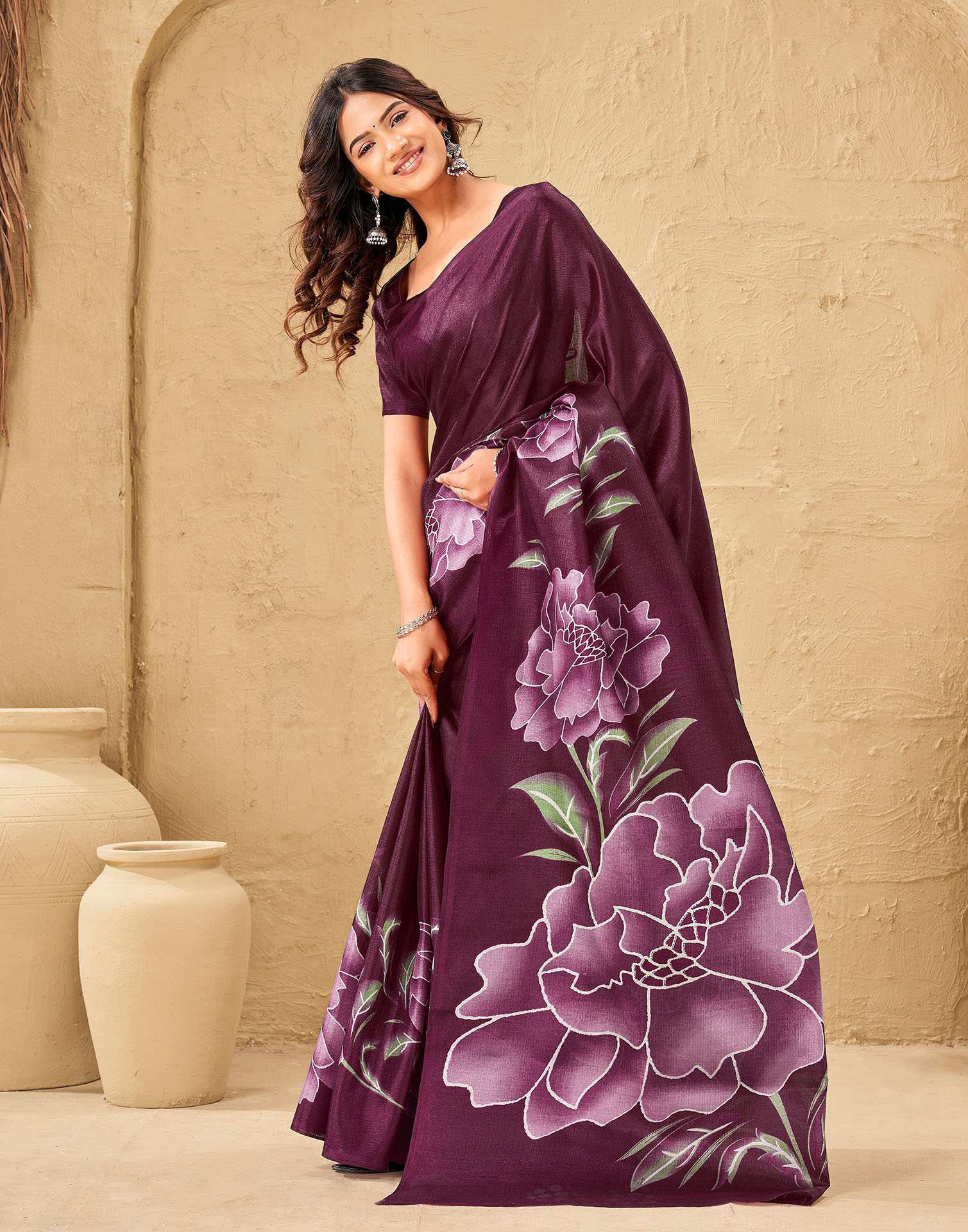 Dark Magenta Khadi Floral Printed Saree