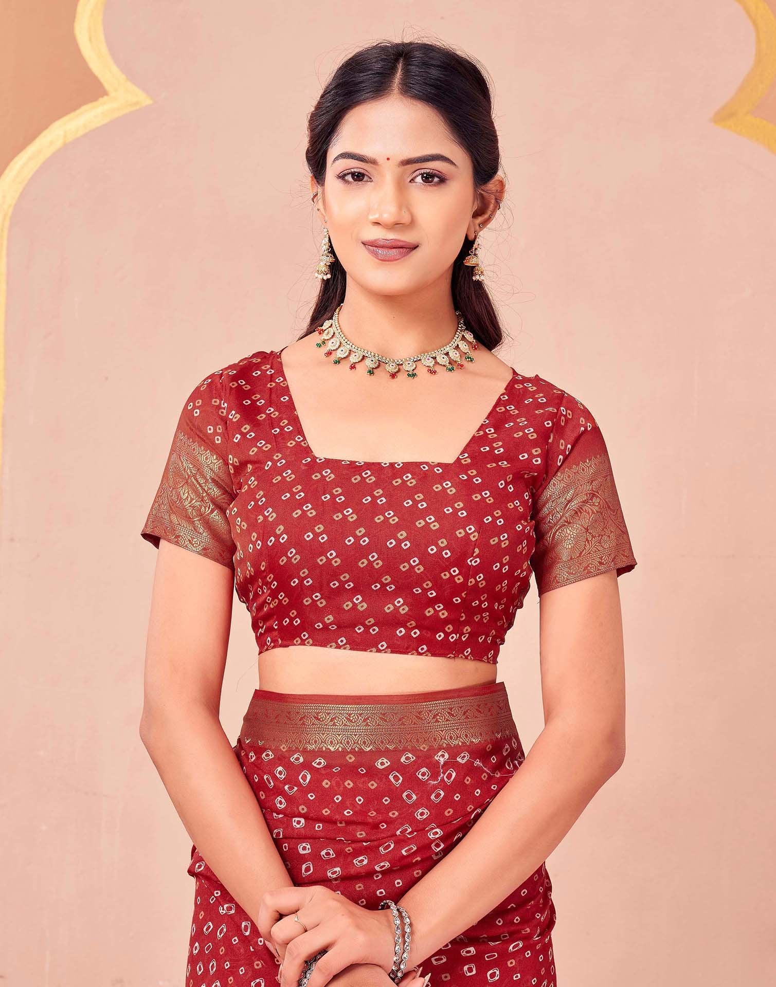 Red Georgette Bandhani Printed Saree