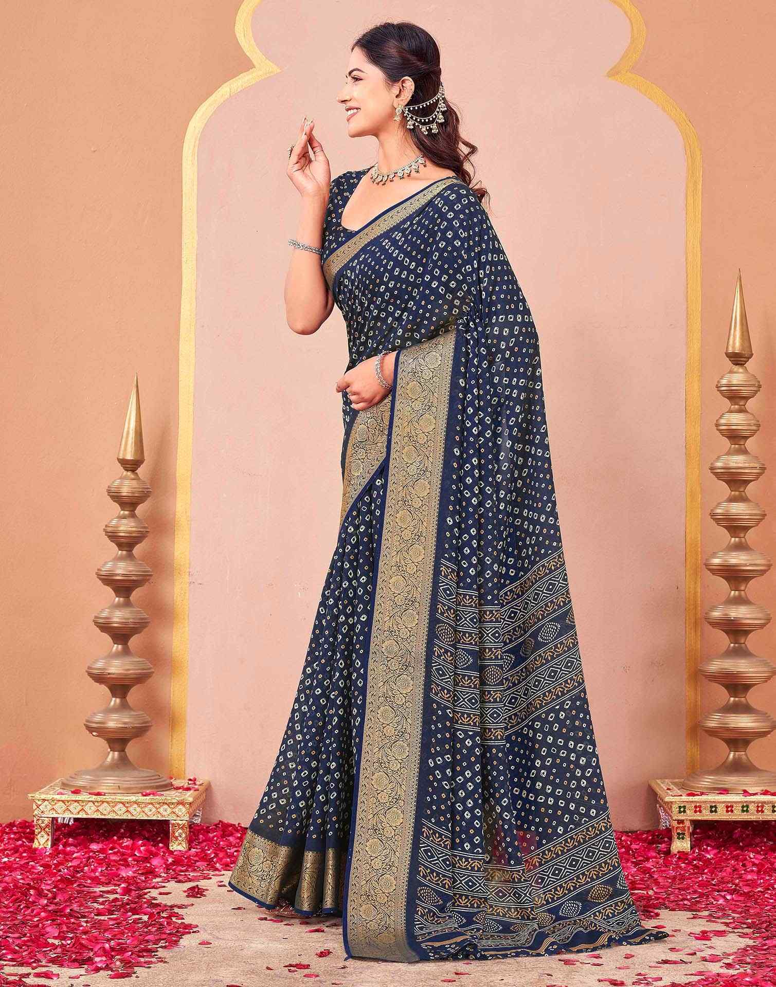 Navy Blue Georgette Bandhani Printed Saree