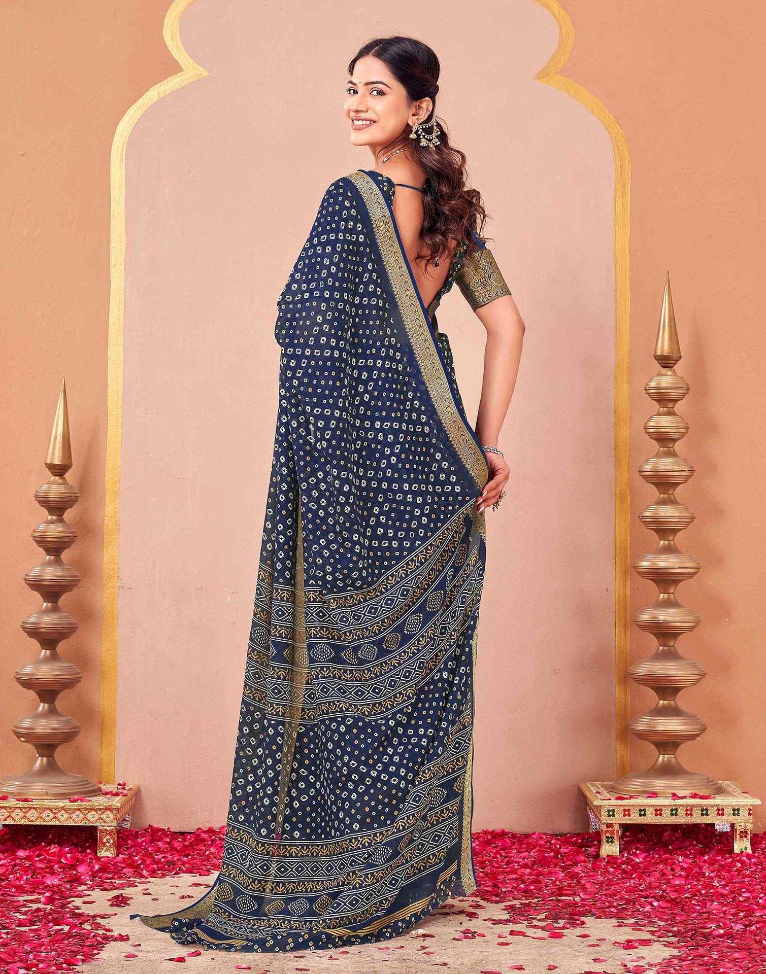 Navy Blue Georgette Bandhani Printed Saree