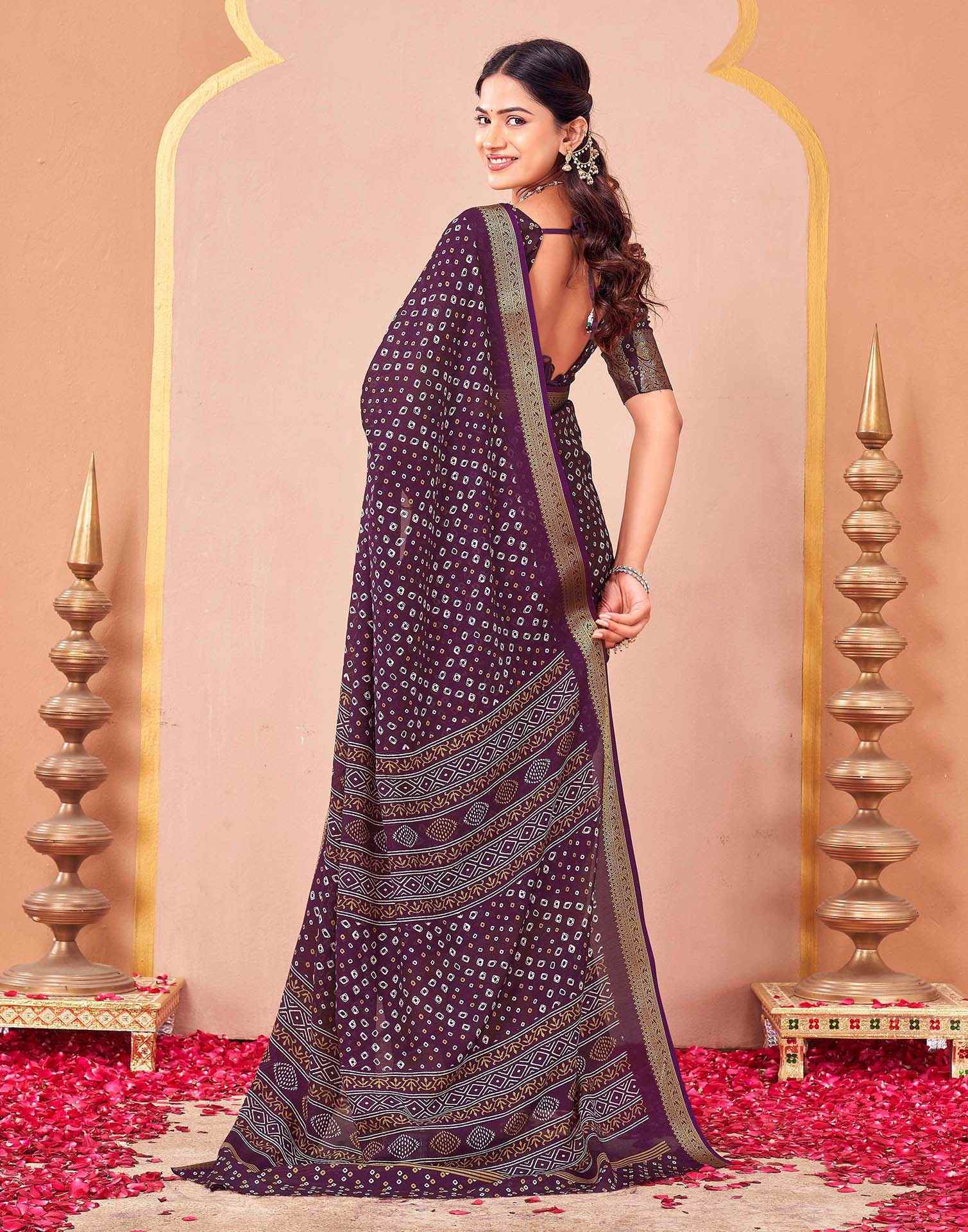 Wine Georgette Bandhani Printed Saree
