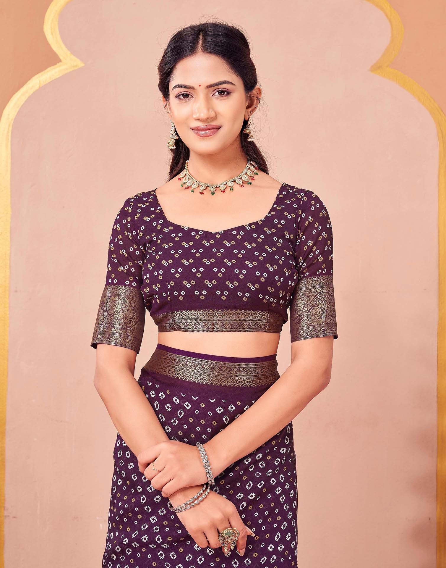 Wine Georgette Bandhani Printed Saree