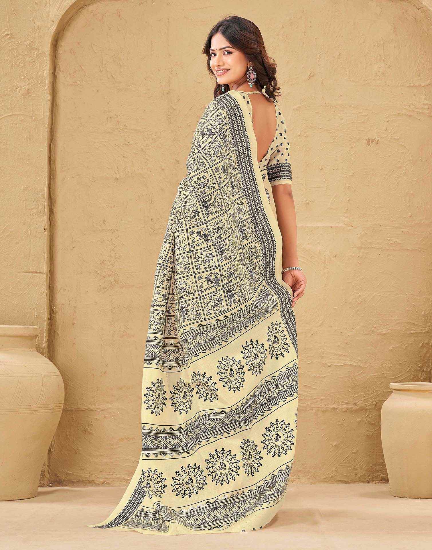 Beige Khadi Printed Saree