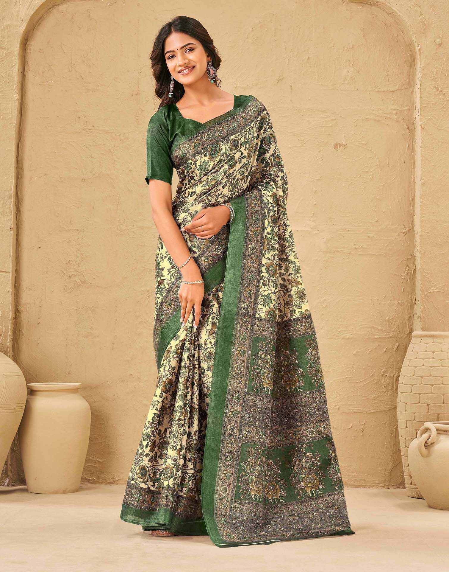 Dark Beige Khadi Floral Printed Saree