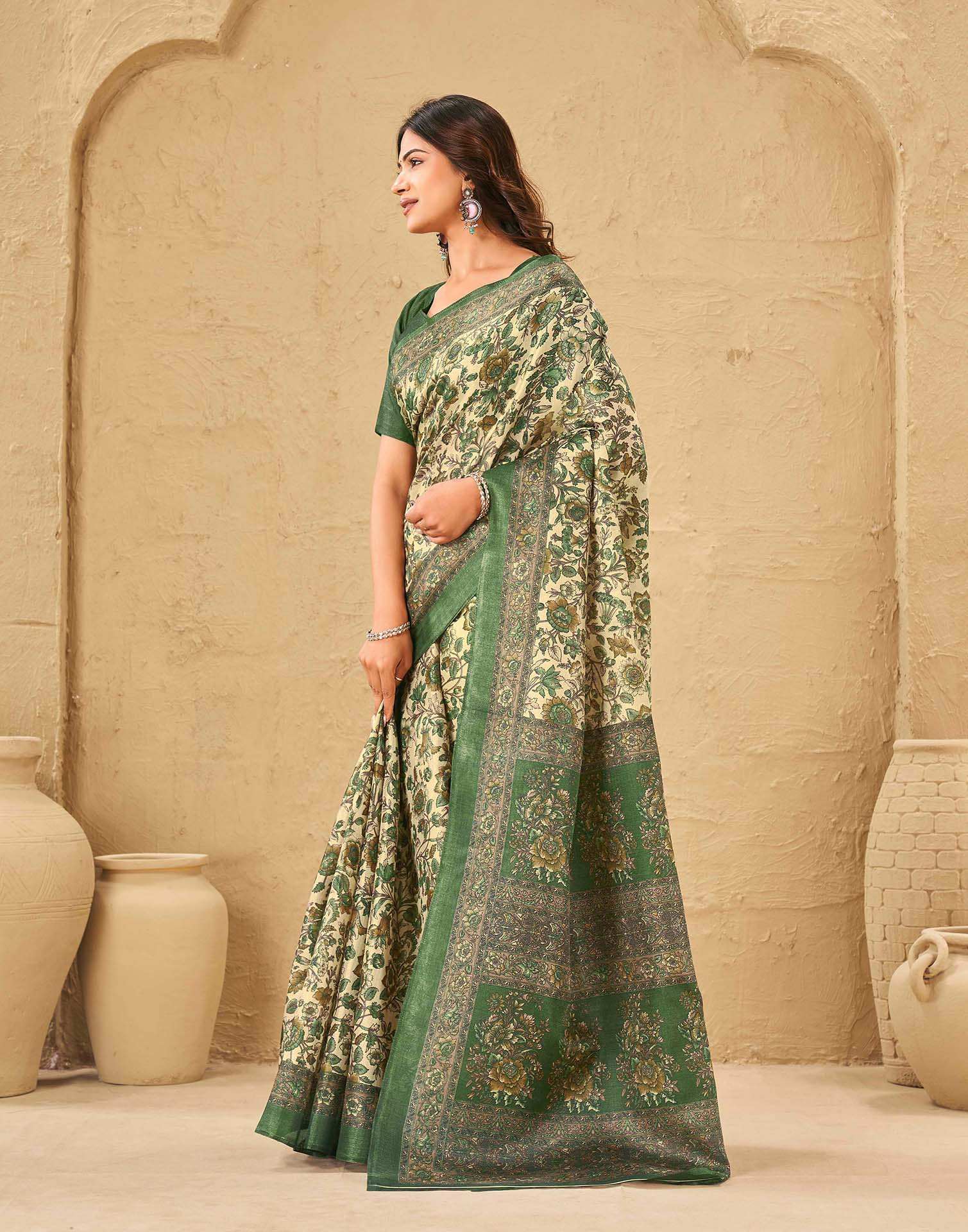 Dark Beige Khadi Floral Printed Saree
