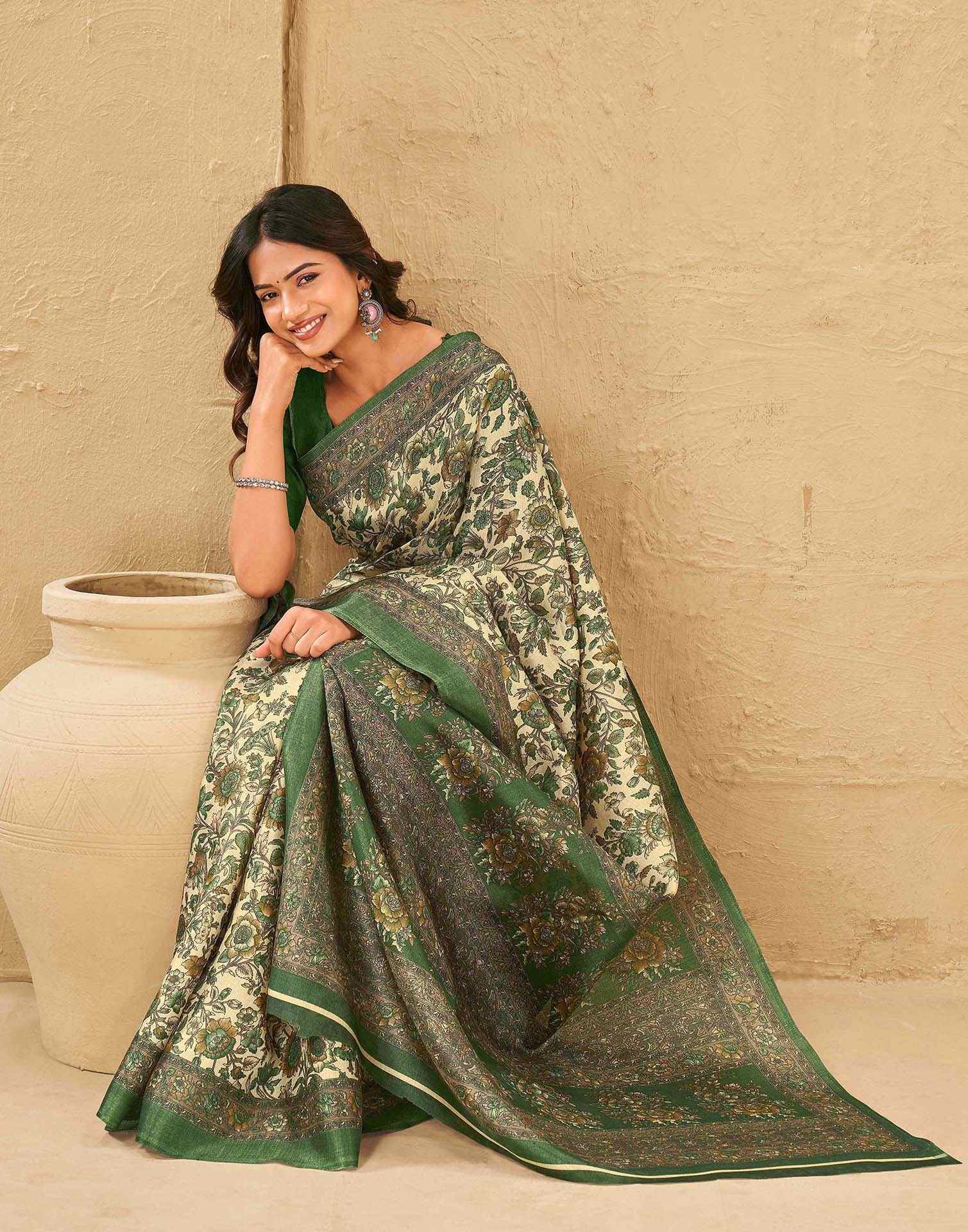 Dark Beige Khadi Floral Printed Saree