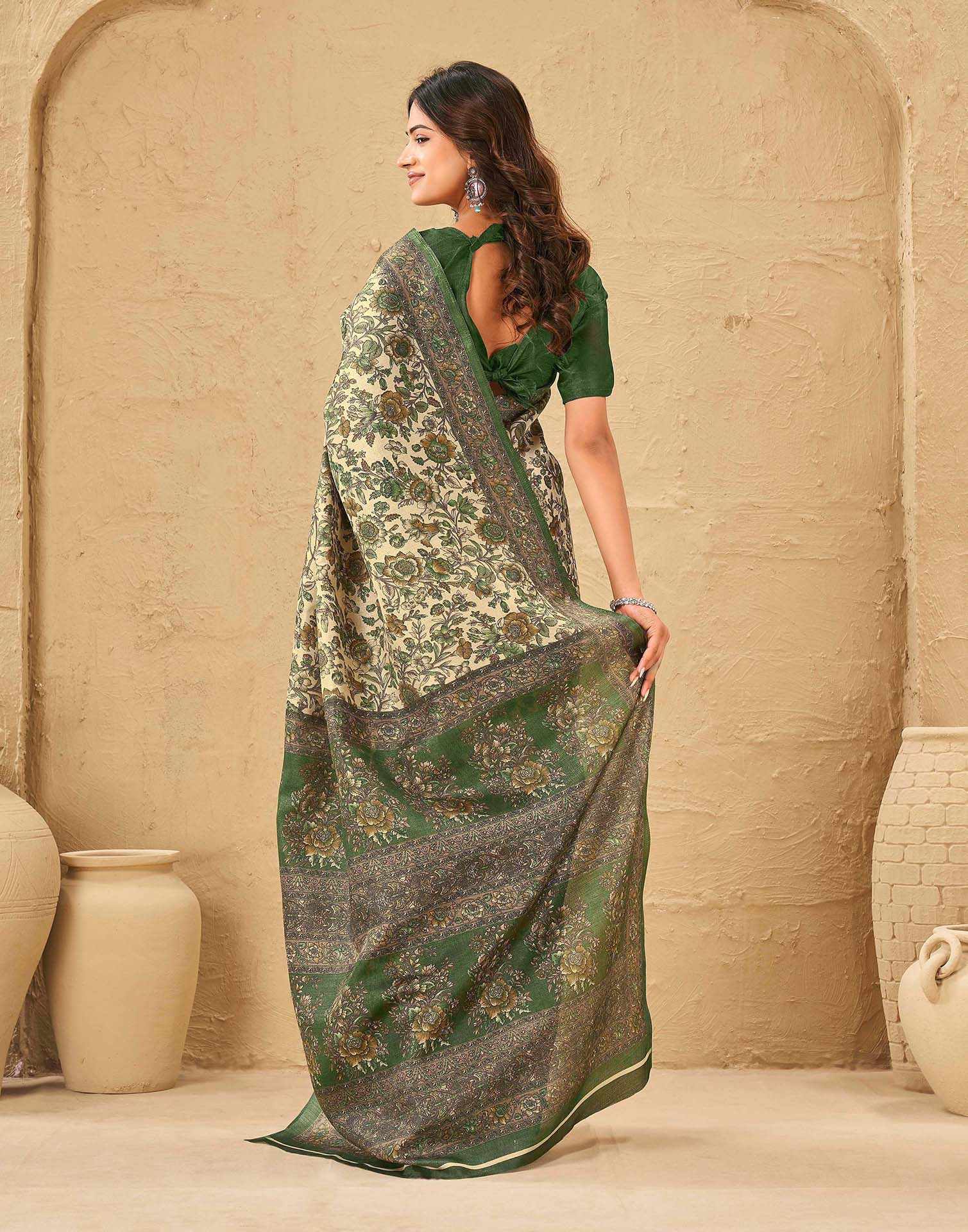 Dark Beige Khadi Floral Printed Saree
