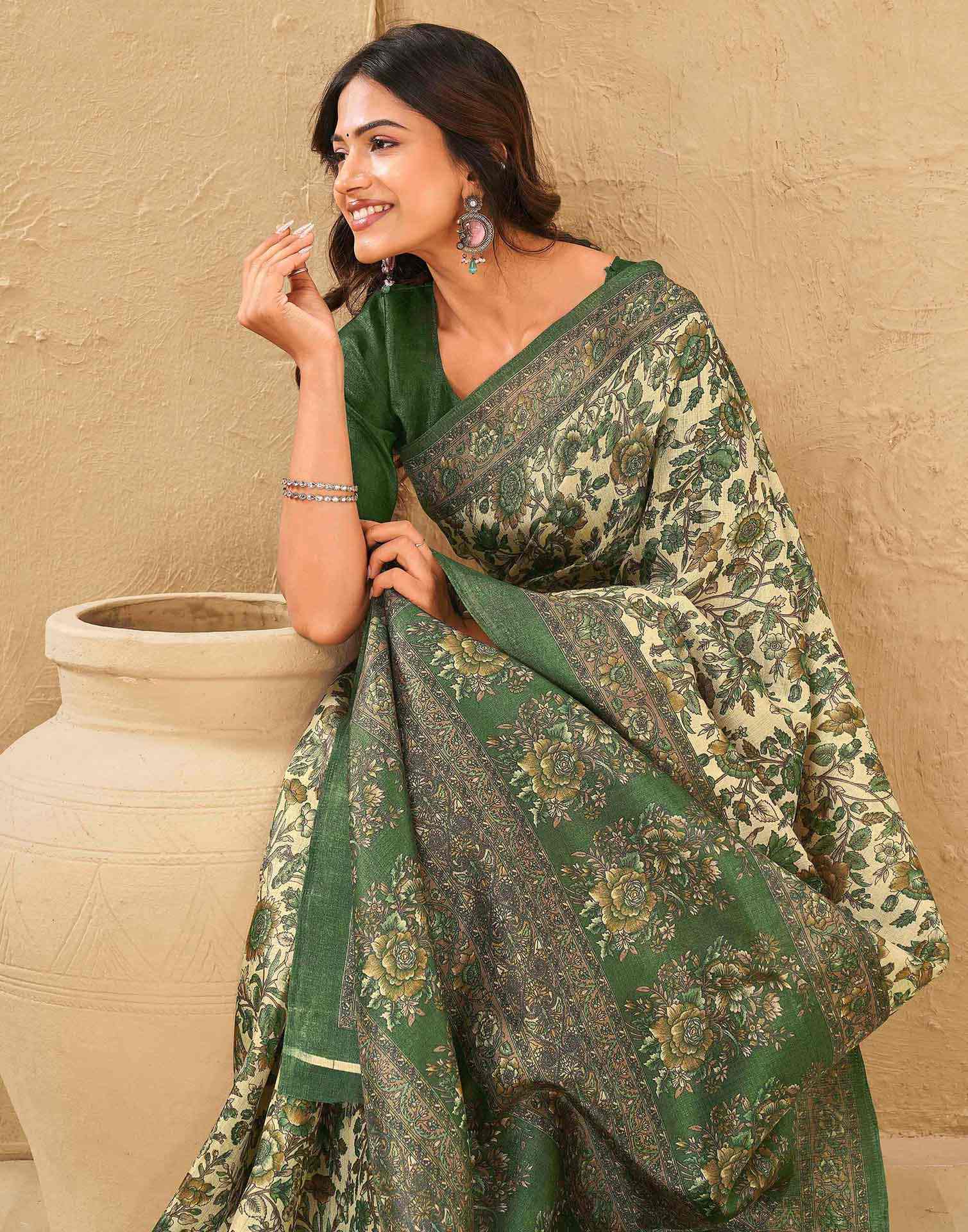 Dark Beige Khadi Floral Printed Saree