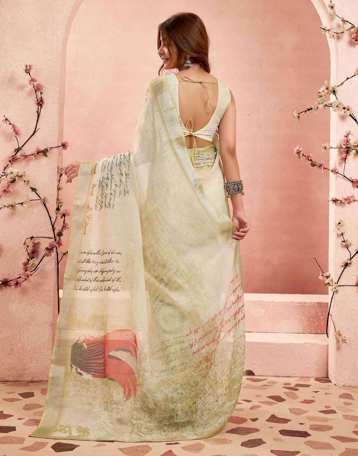 Ready To Wear Light Green Linen Printed Saree