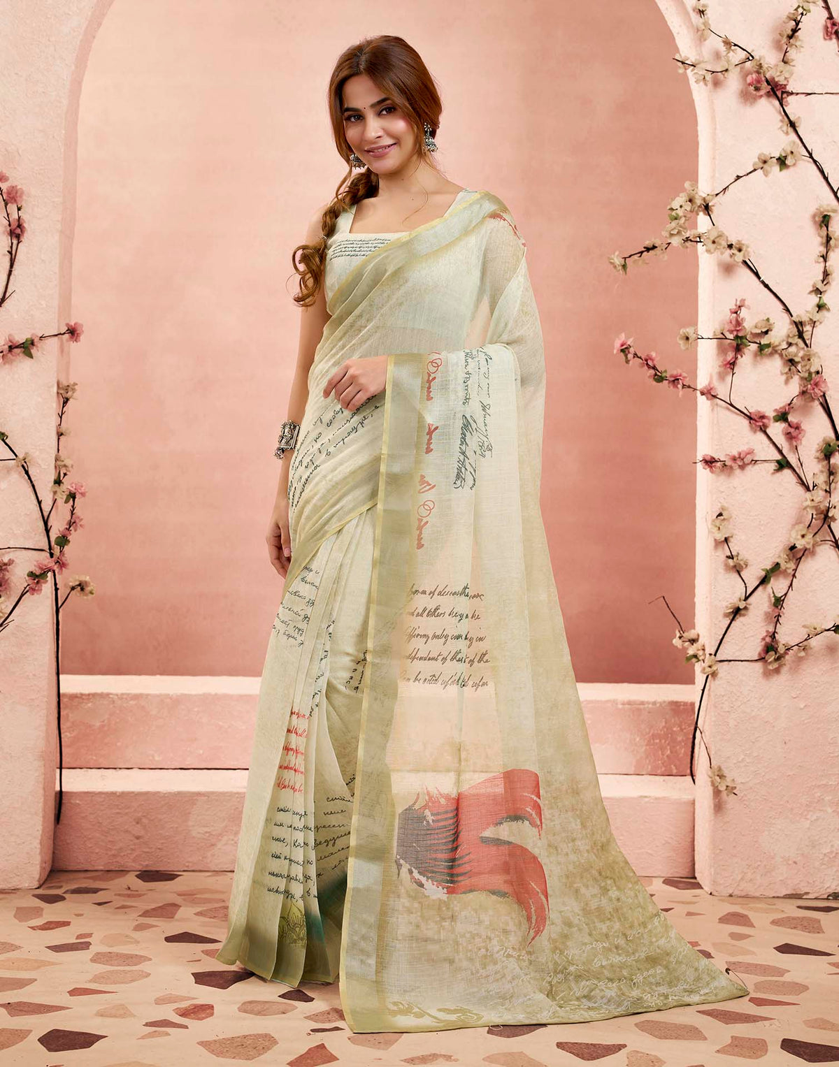 Ready To Wear Light Green Linen Printed Saree