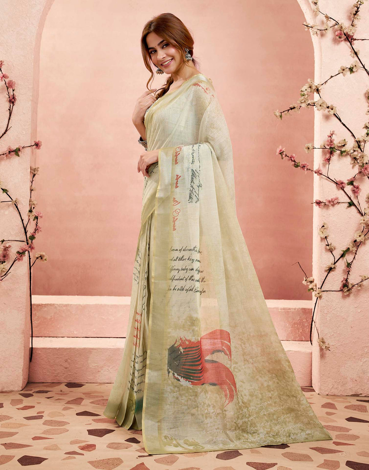 Ready To Wear Light Green Linen Printed Saree