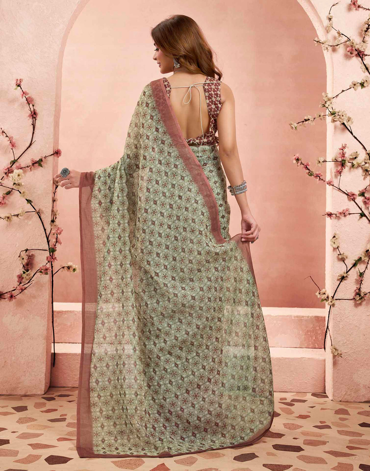 Ready To Wear Beige Linen Printed Saree