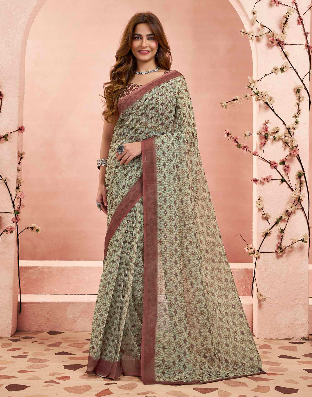 Ready To Wear Beige Linen Printed Saree