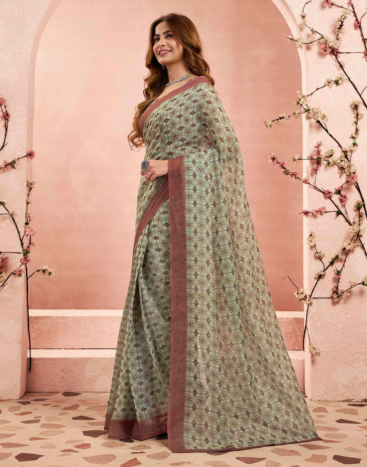 Ready To Wear Beige Linen Printed Saree