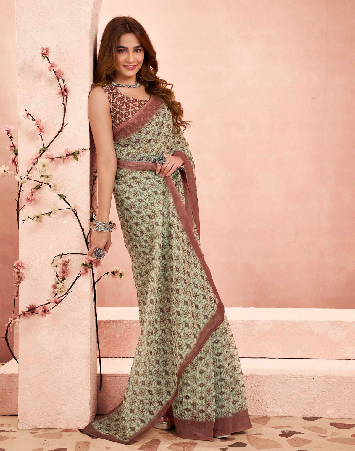 Ready To Wear Beige Linen Printed Saree
