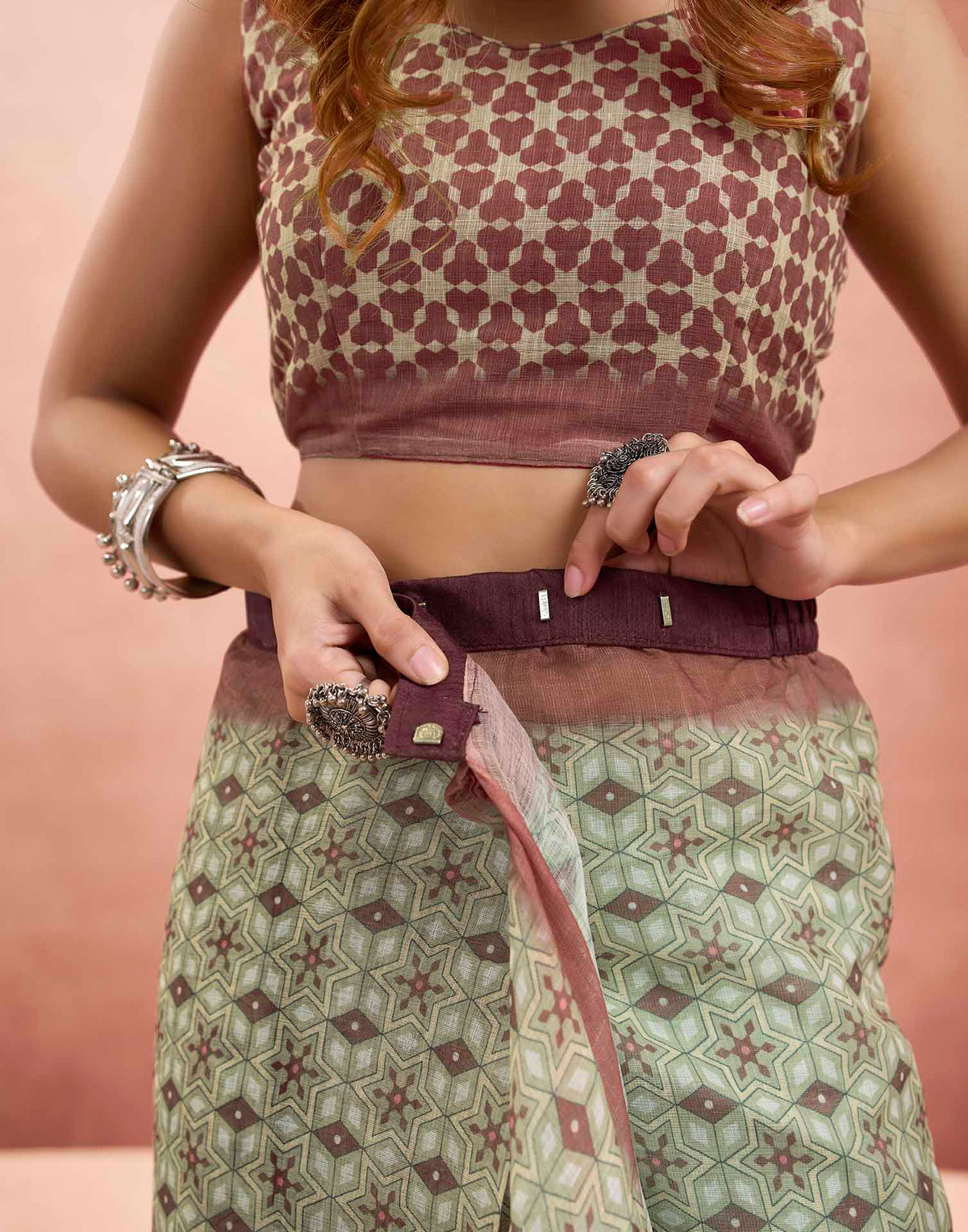 Ready To Wear Beige Linen Printed Saree