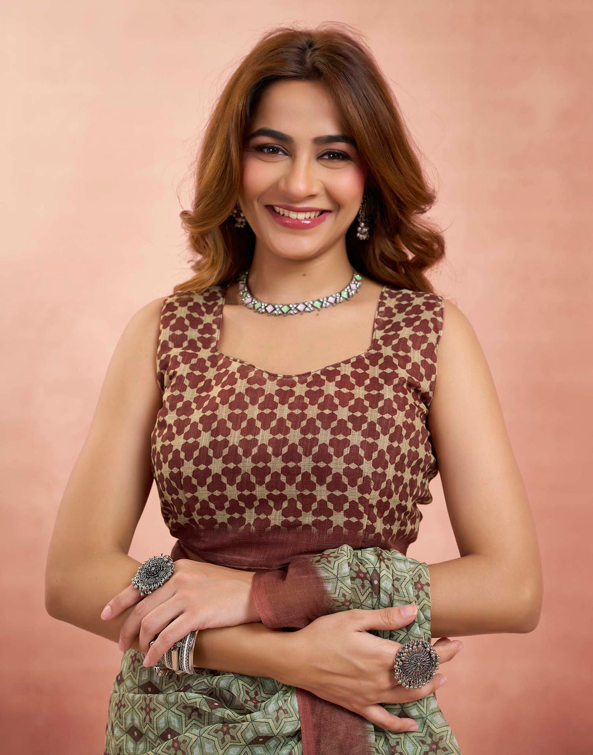 Ready To Wear Beige Linen Printed Saree