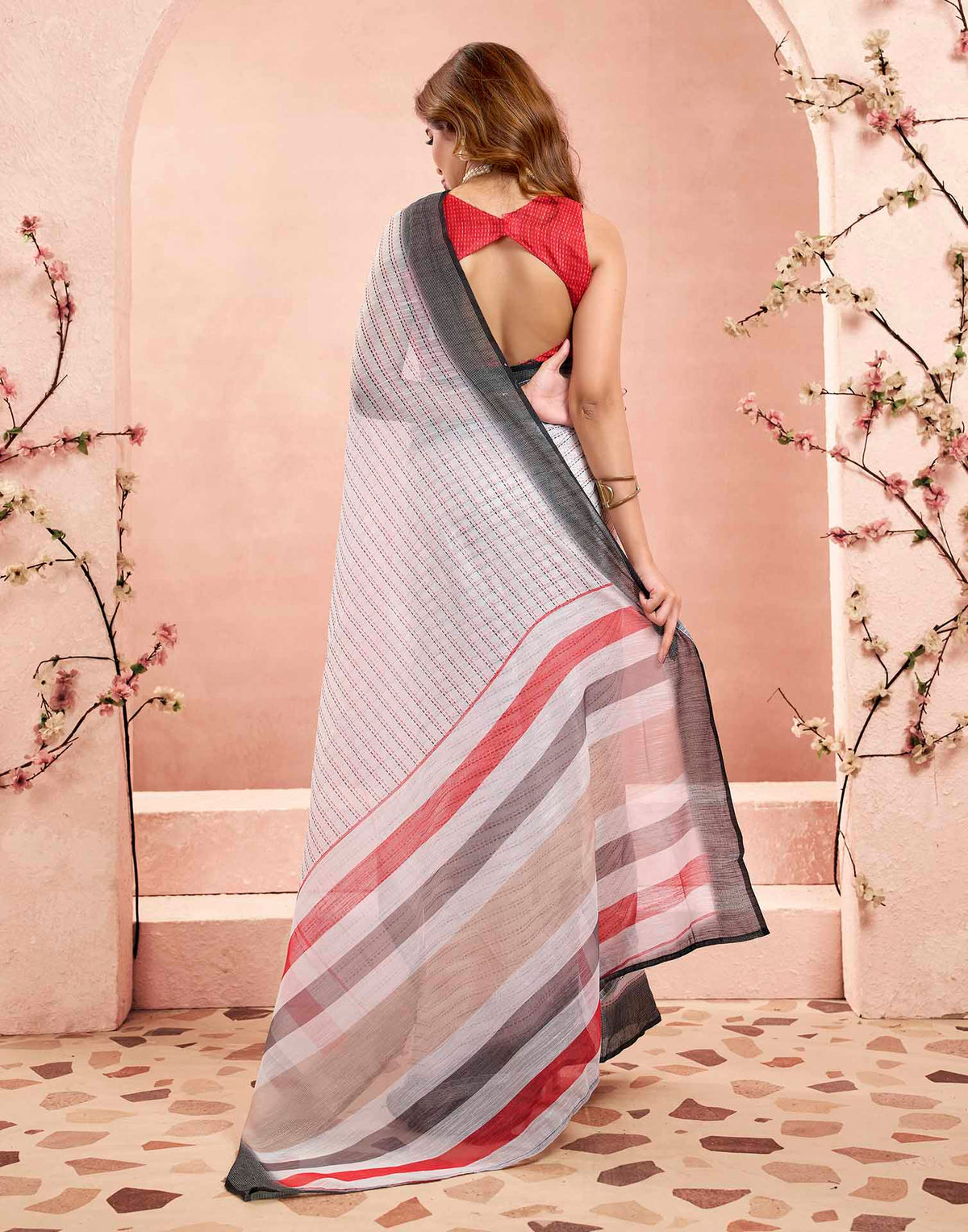 Ready To Wear White Linen Printed Saree