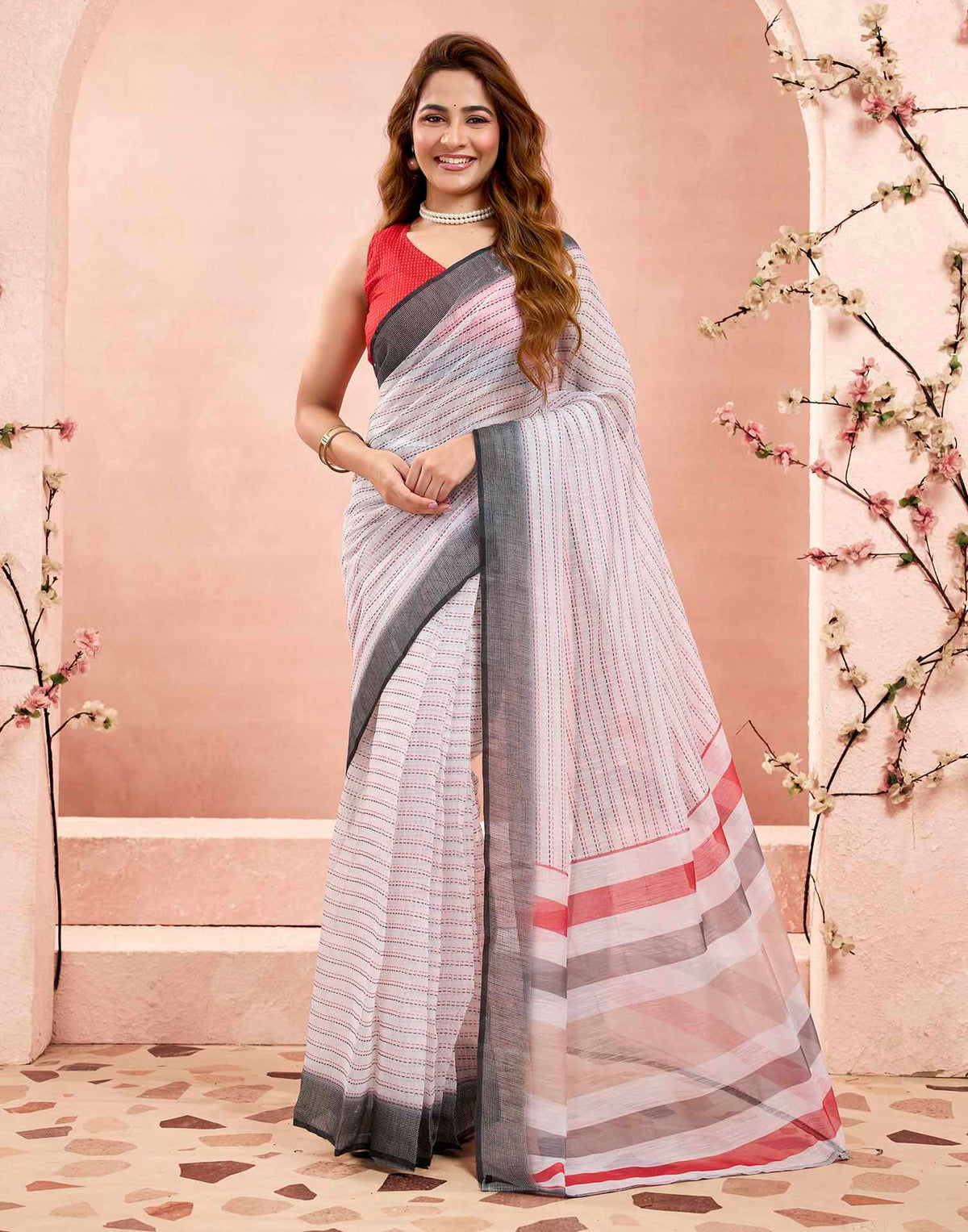 Ready To Wear White Linen Printed Saree