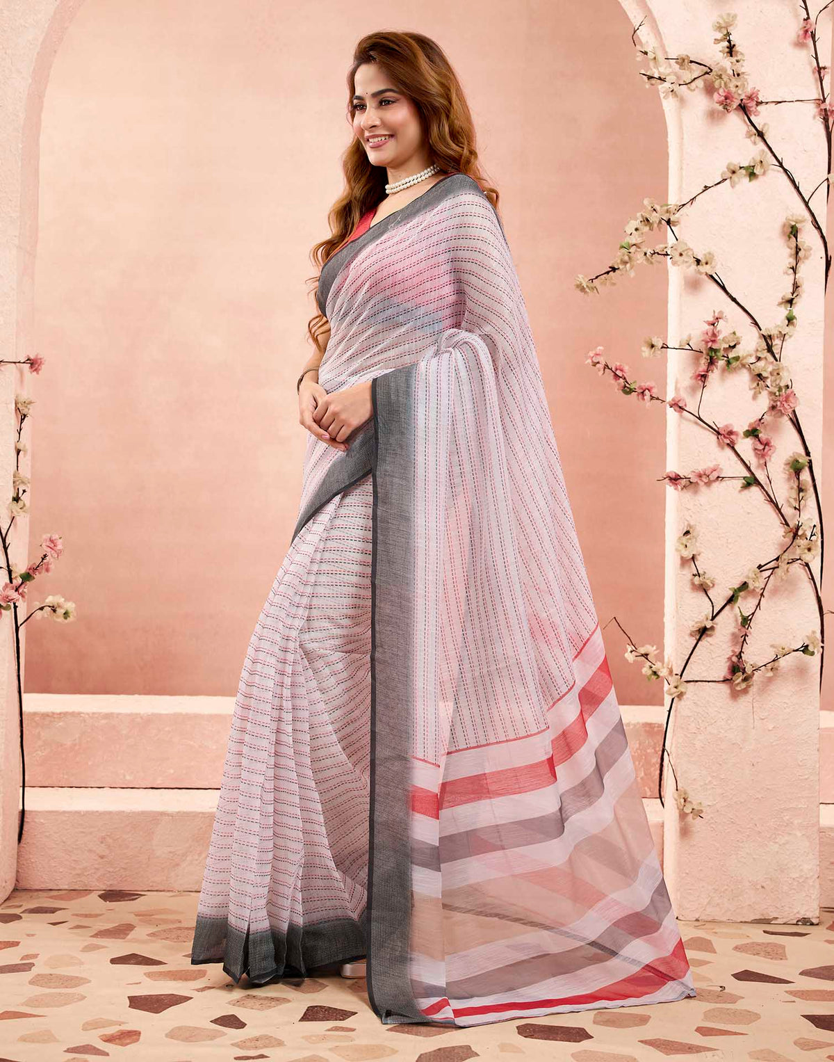 Ready To Wear White Linen Printed Saree