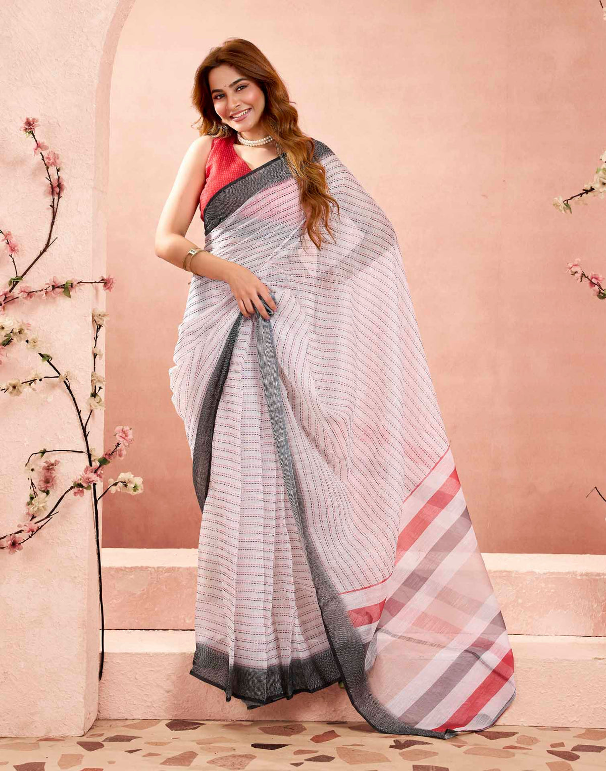 Ready To Wear White Linen Printed Saree