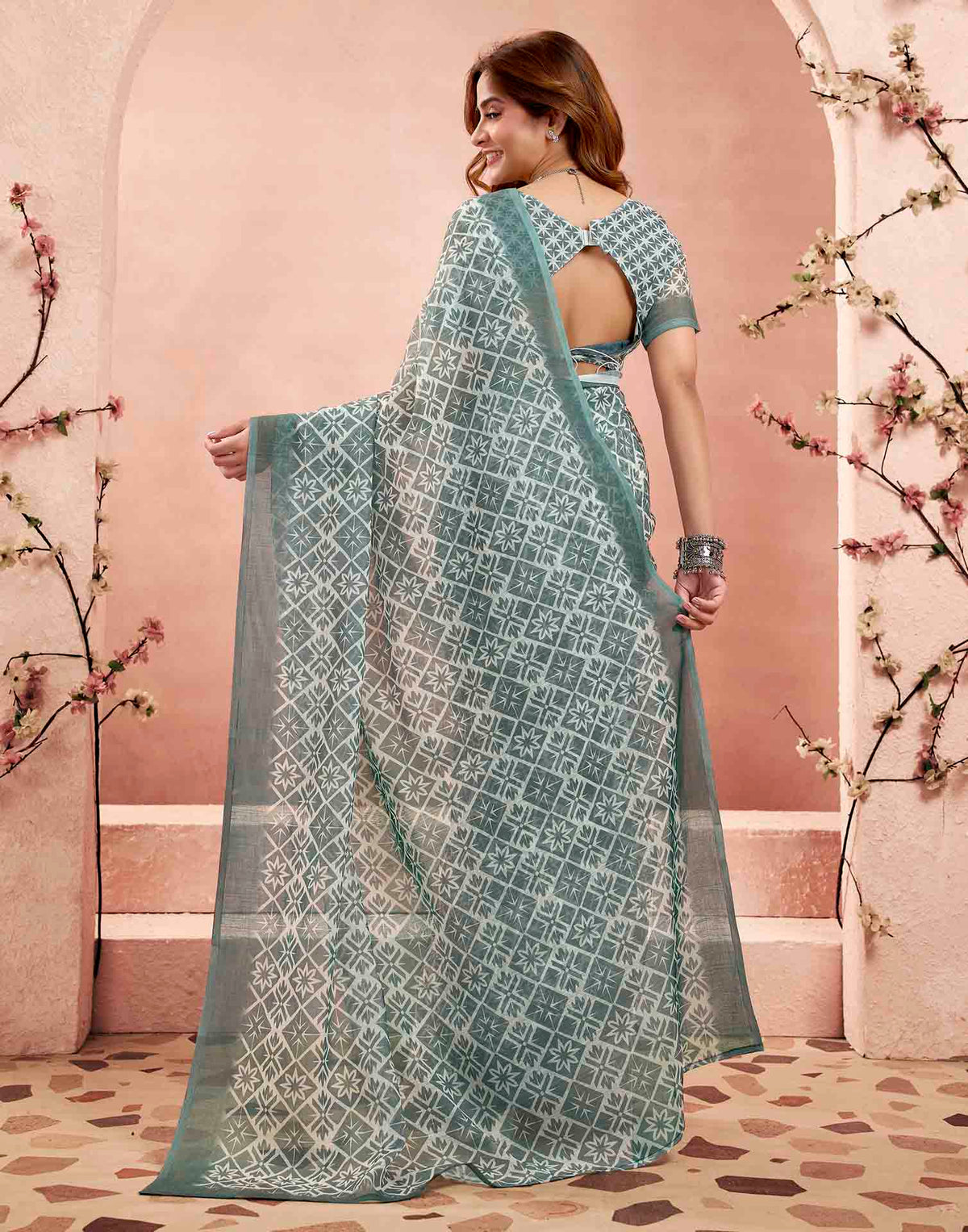 Ready To Wear Grey Linen Printed Saree
