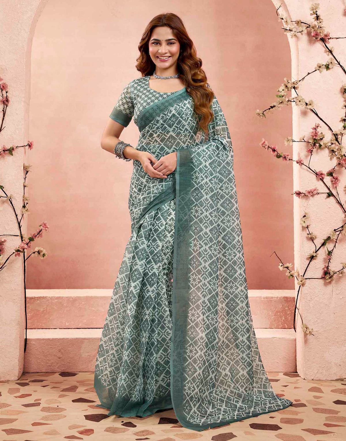 Ready To Wear Grey Linen Printed Saree