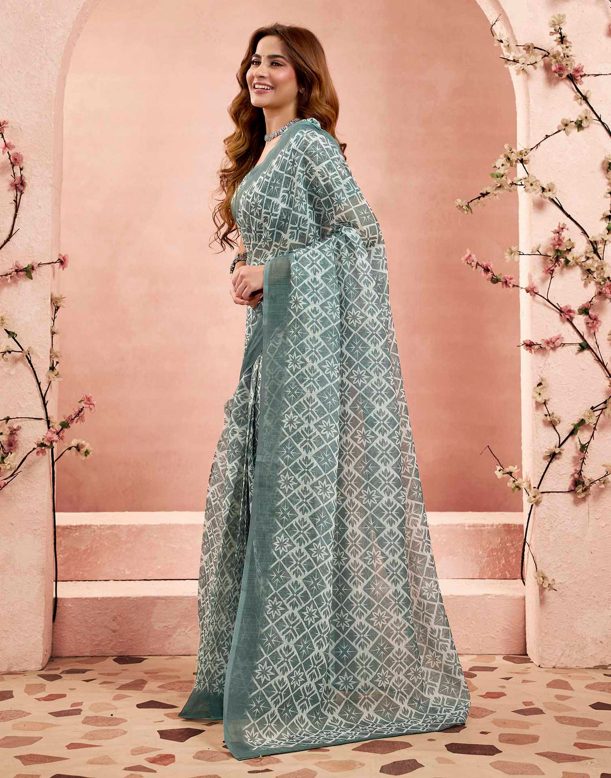 Ready To Wear Grey Linen Printed Saree