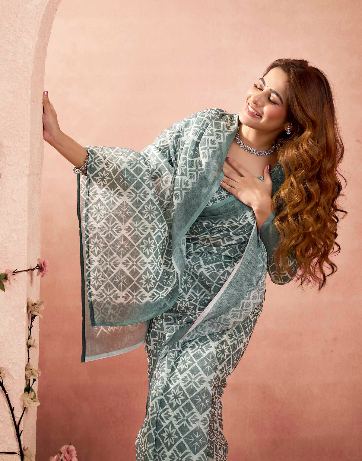 Ready To Wear Grey Linen Printed Saree